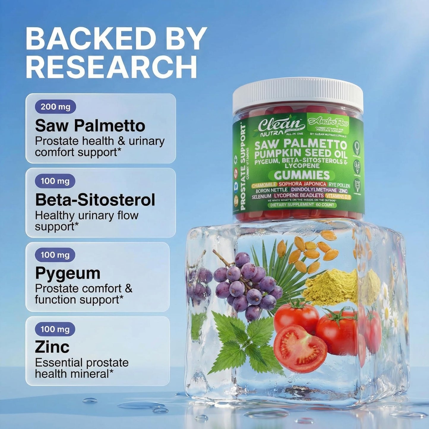 Clean Nutraceuticals AndroFlow Saw Palmetto and Pumpkin Seed Oil Prostate Health Supplements for Men 60 Gummies
