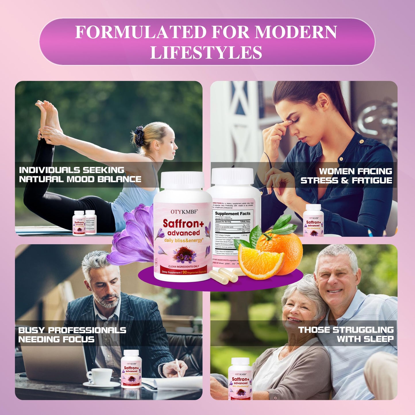 OTYKMBF Saffron+ Advanced Capsules – Pure Organic Saffron Supplement with Collagen, Biotin & Vitamin C – Mood, Focus & Stress Support, 90 Capsules