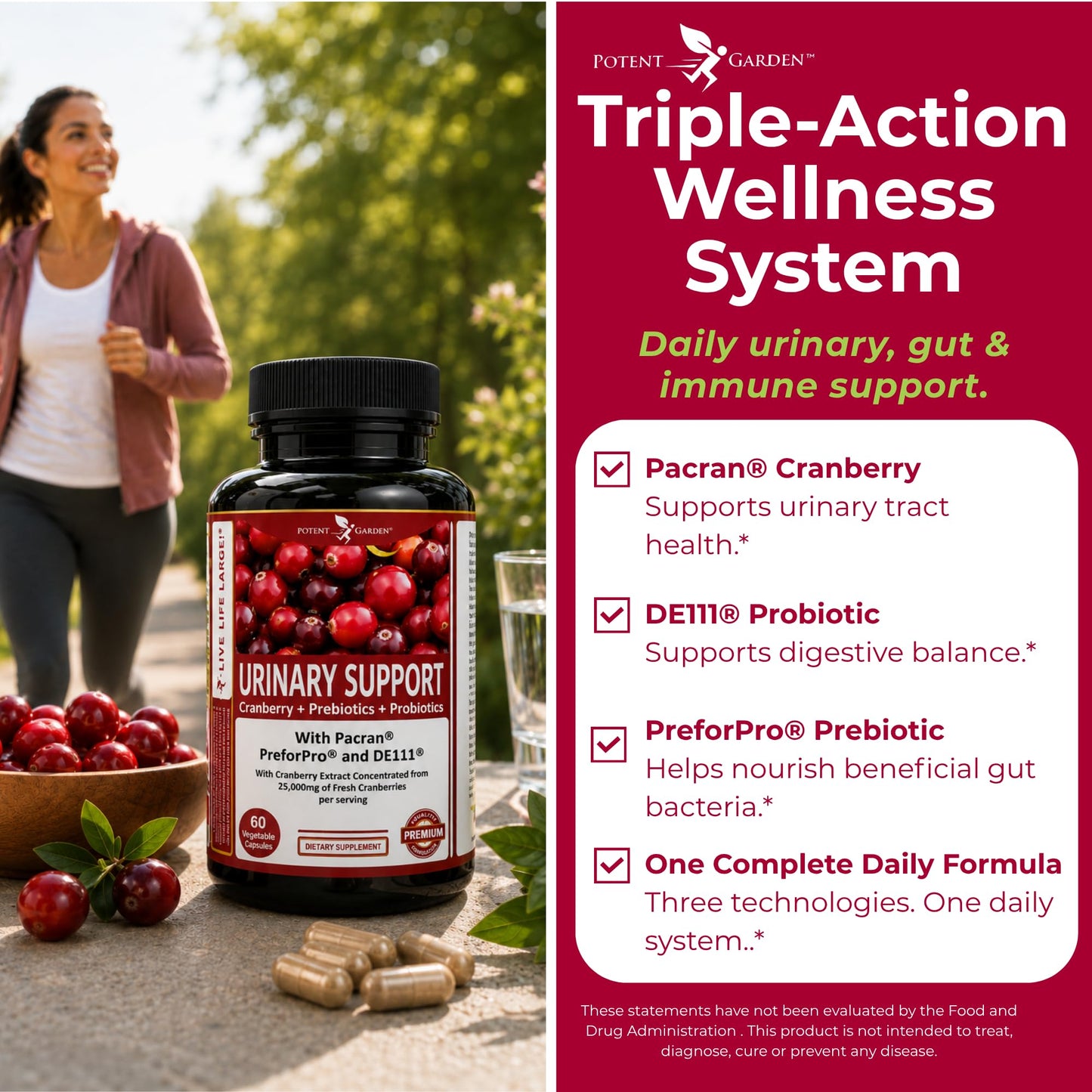 Potent Garden Urinary Support Women's Probiotic Cranberry Capsules, 60 Count