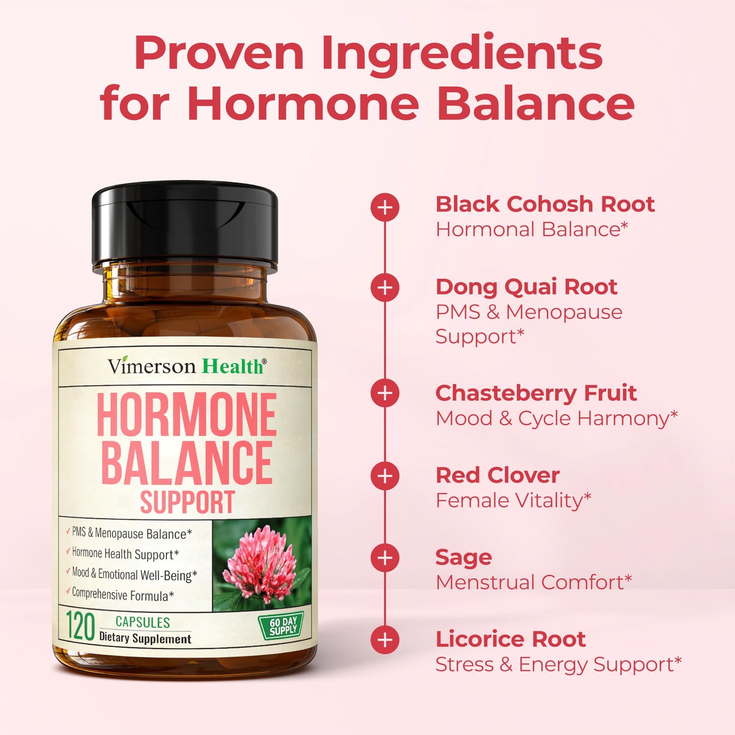 Vimerson Health Hormone Harmony for Women with Black Cohosh, Dong Quai & Red Clover – Natural Hormone Balance For Women of All Ages – Supports PMS, Menopause & Mood – Women’s Hormone Balance Supplement 60 Capsules
