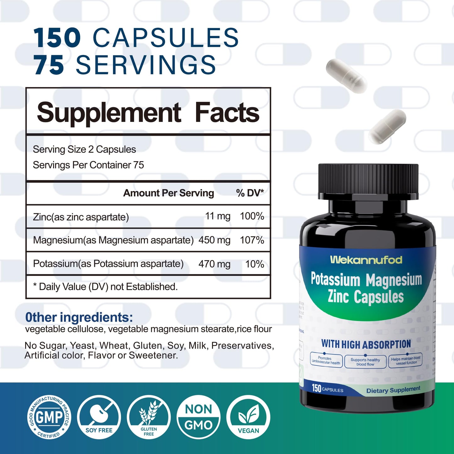 Wekannufod Potassium Magnesium Supplement Capsules 150