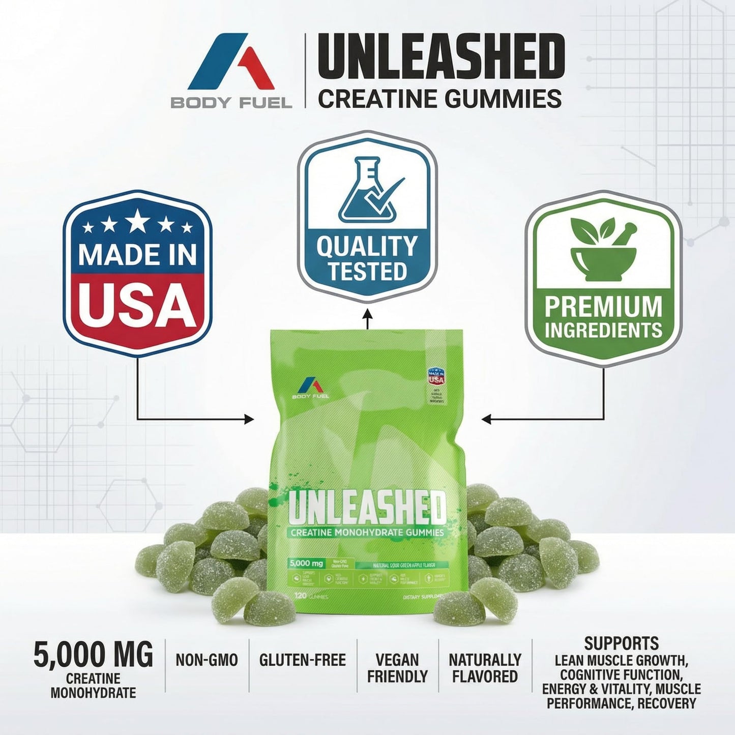 A1 Body Fuel Creatine Monohydrate Gummies 5000mg, 120 Gummies