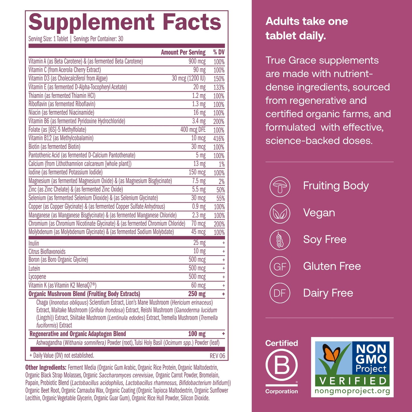 True Grace One Daily Women’s Multivitamin 40+ Fermented Minerals, Organic Adaptogens & Mushrooms, 30 Tablets