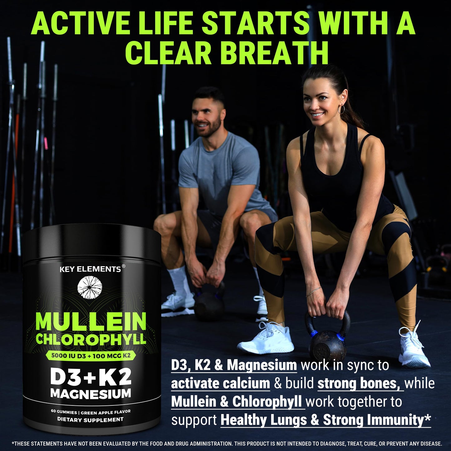 KEY ELEMENTS Mullein Gummies with Chlorophyll, Vitamin D3 5000 IU & Vitamin K2 100 MCG Gummy 60 Count
