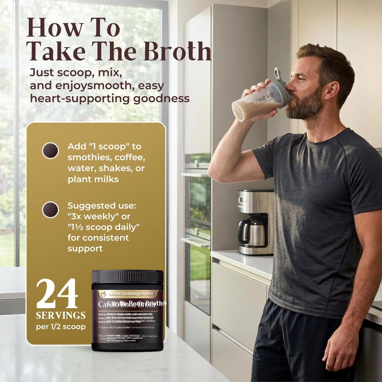 Natural Cardiology Institute Cardio Bone Broth Protein Powder with Collagen Peptides – Vanilla Flavor, 17.4 oz