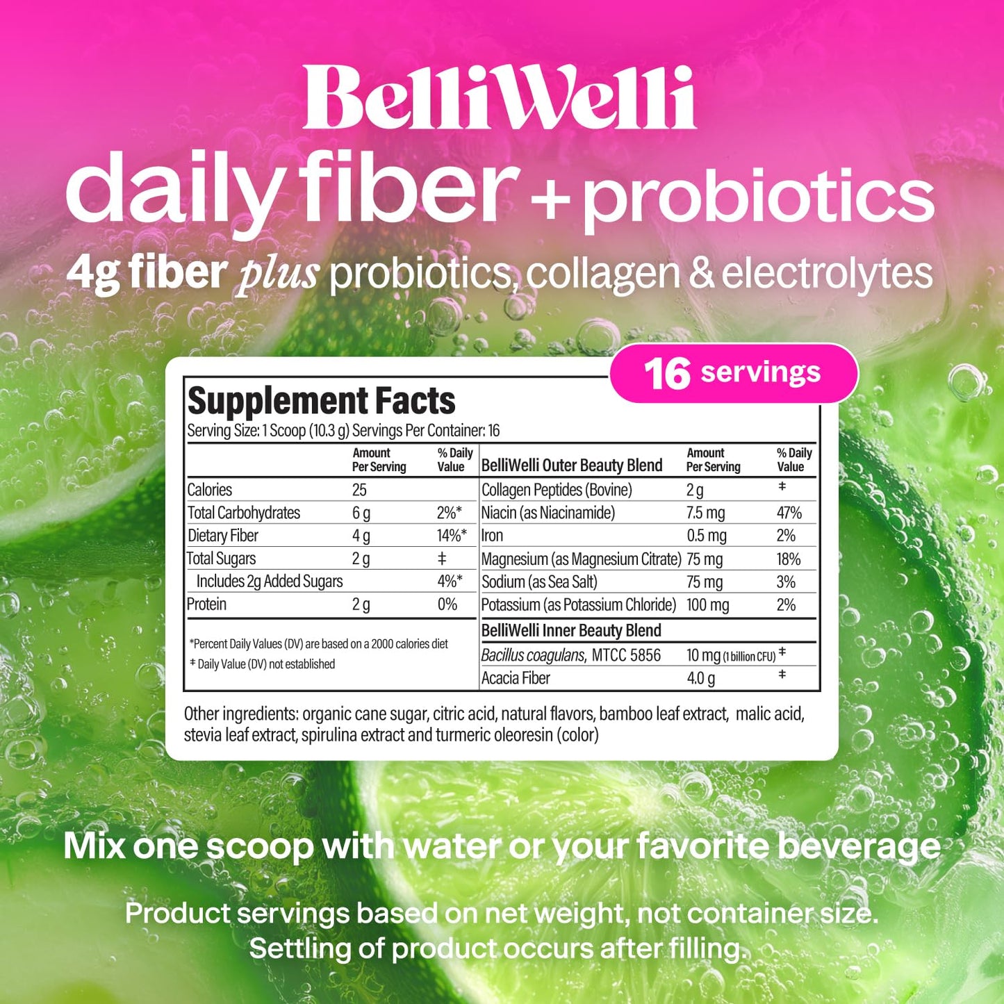 Belli Welli Fiber Supplement for Women & Men – Premium Daily Fiber Powder from Organic Acacia with Added Collagen, Electrolytes & Probiotics – No Bloat, Constipation & Gut Health Support (Cucumber) 6.4 oz