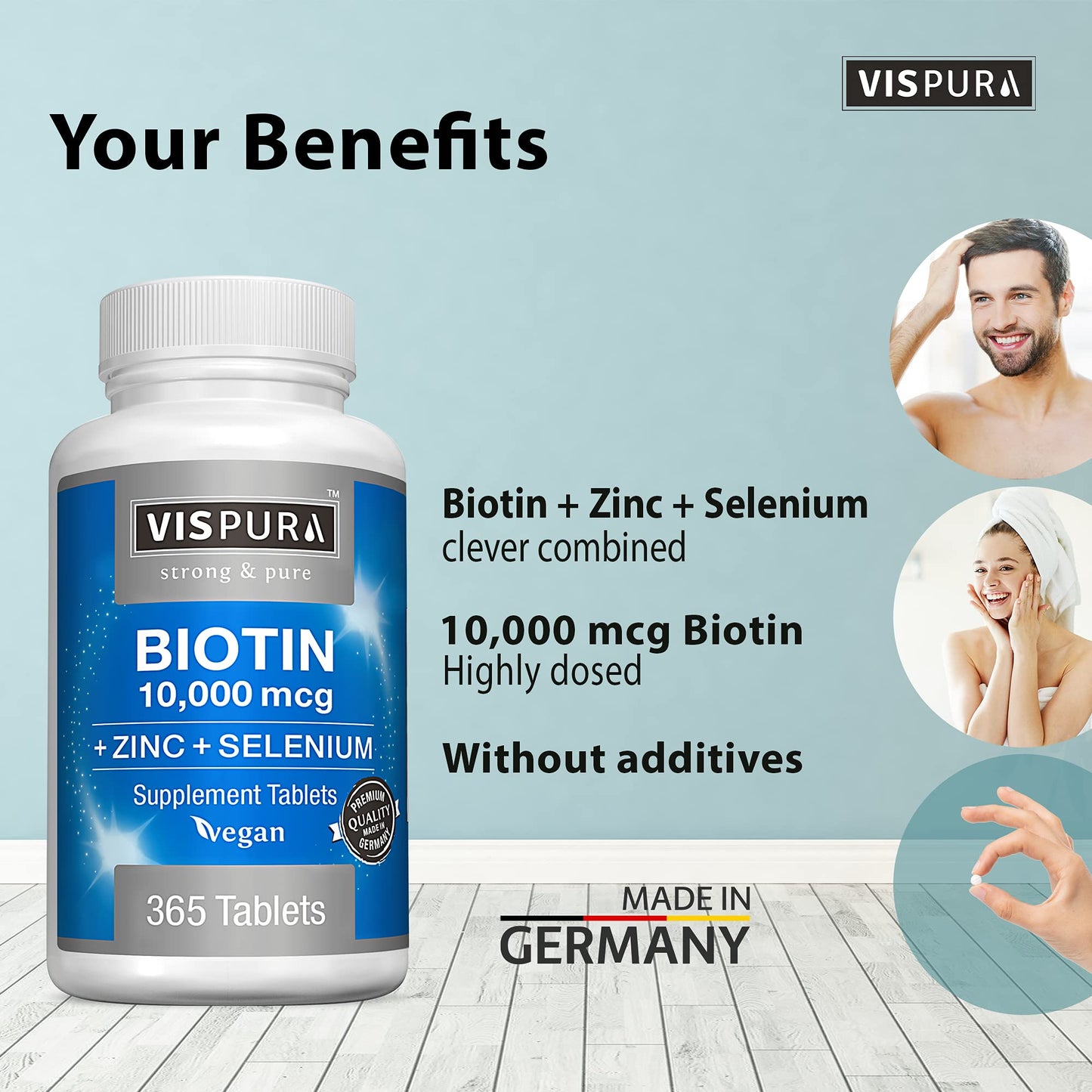 VISPURA Biotin 10000 mcg + Zinc + Selenium, 365 Tablets