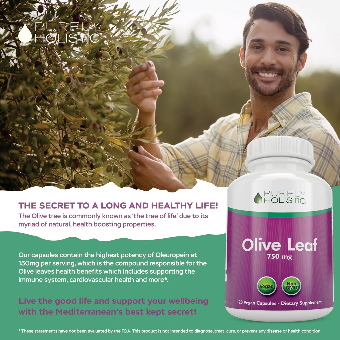Purely Holistic Olive Leaf Extract 750mg Capsules, 120 Count