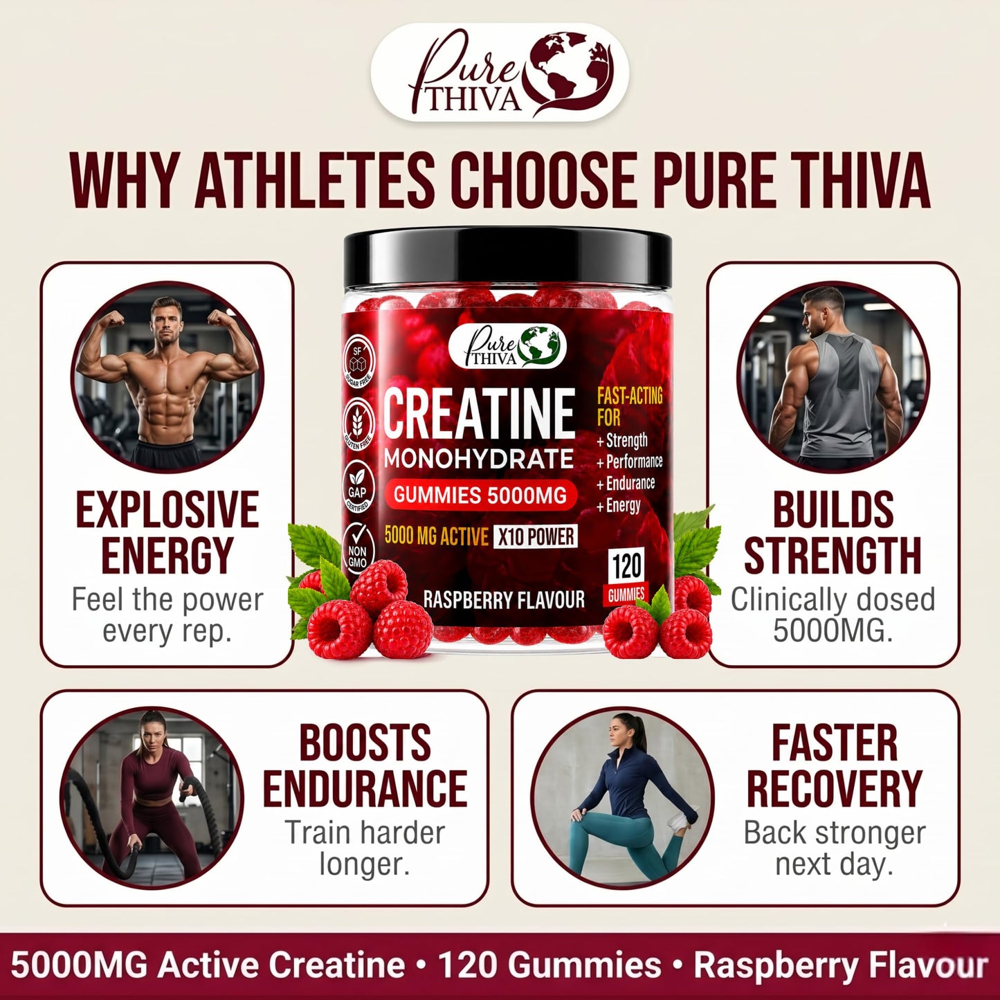 PureThiva Creatine Monohydrate Gummies 5000mg, Sugar Free Raspberry, Vegan, 120 Count, with Turmeric & Black Pepper for Muscle Strength, Energy & Endurance