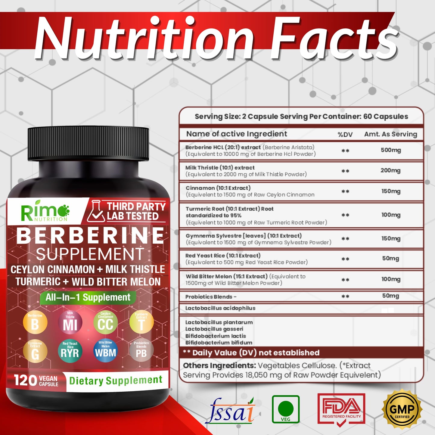 Rimo Nutrition 8-in-1 Berberine Supplement 120 Capsules
