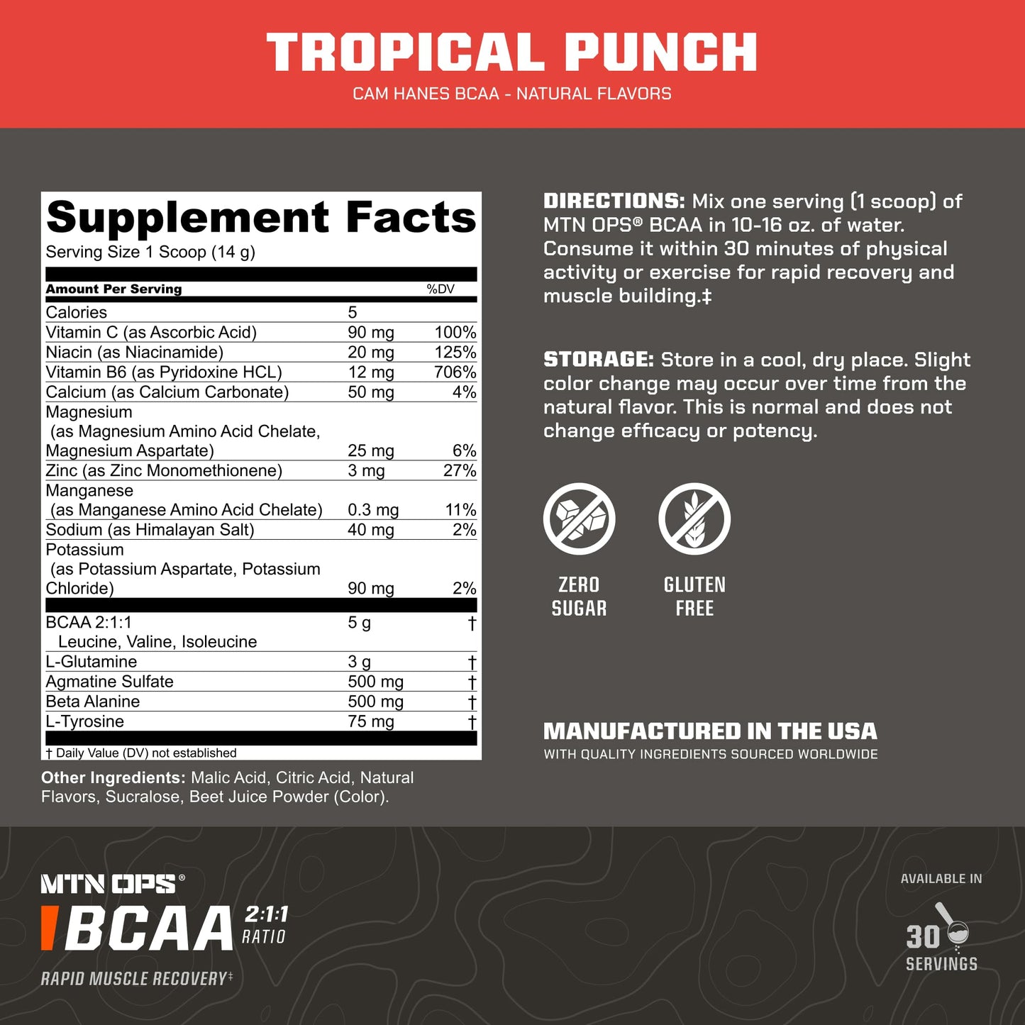 MTN OPS BCAA Powder for Muscle Recovery, Tropical Punch, 14.5