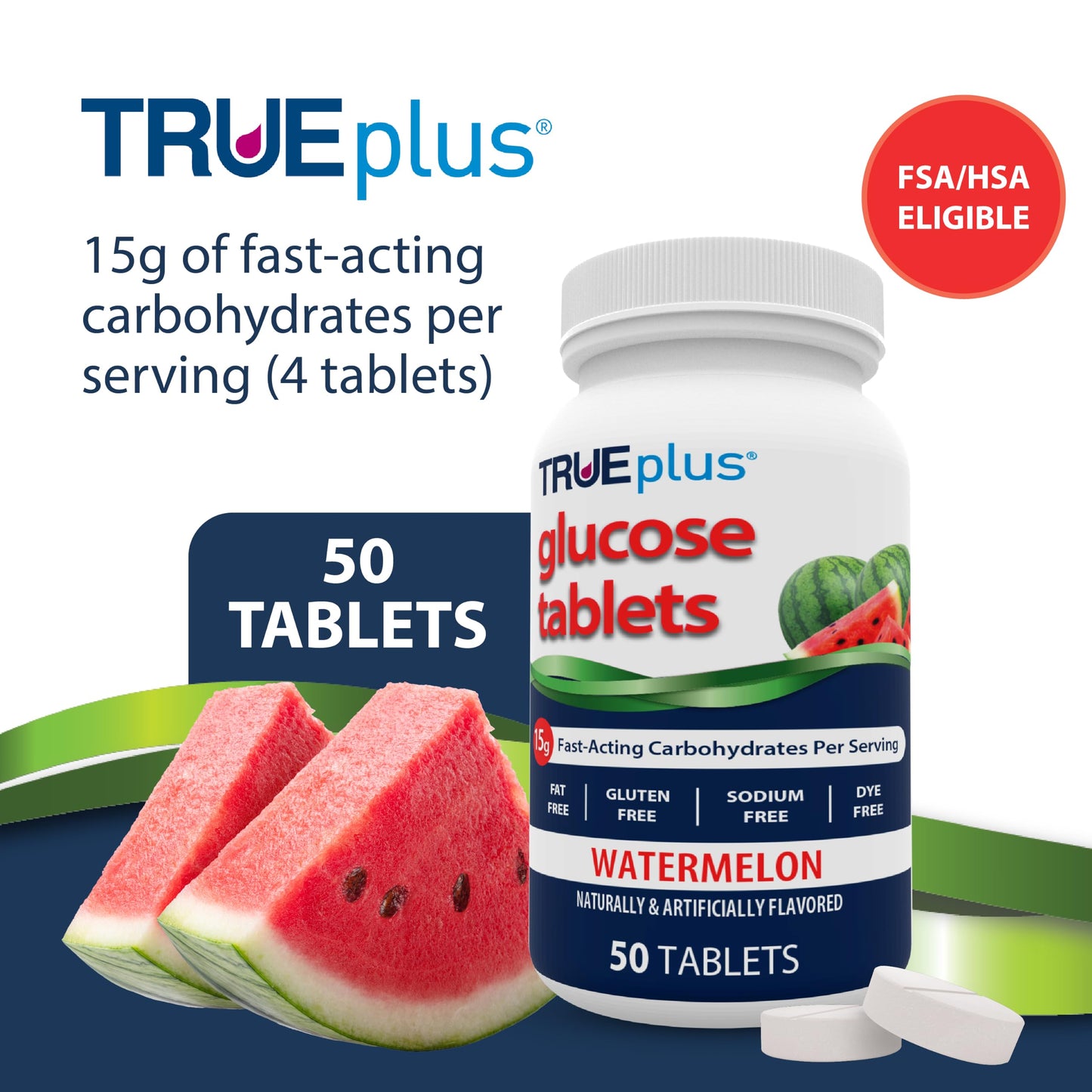 TRUEplus Glucose Tablets, Chewable, Watermelon Flavor, 50 Count