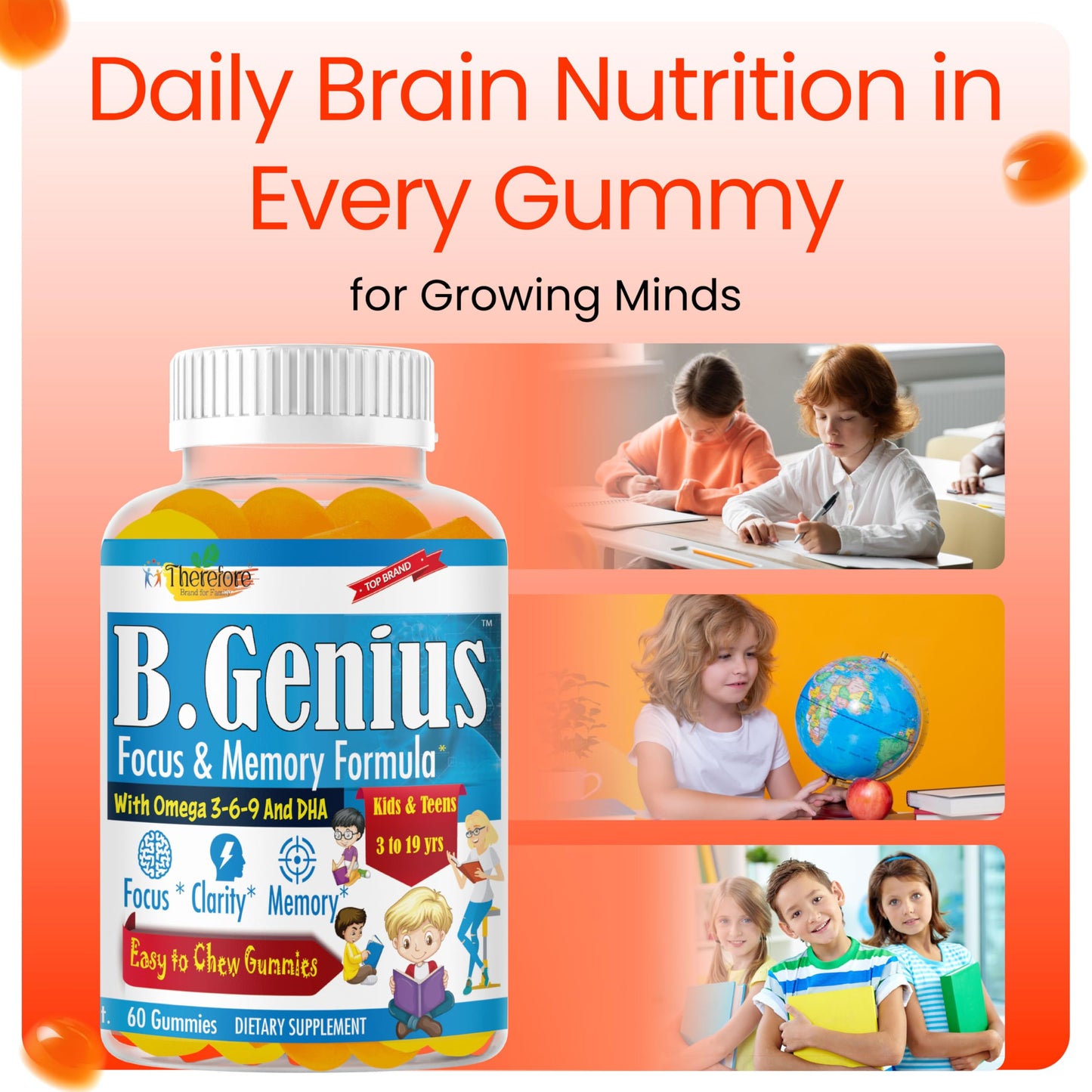 Therefore B.Genius Focus Gummies for Kids & Teens – Focus & Attention, Memory & Concentration – Plant-Based – 60 Count