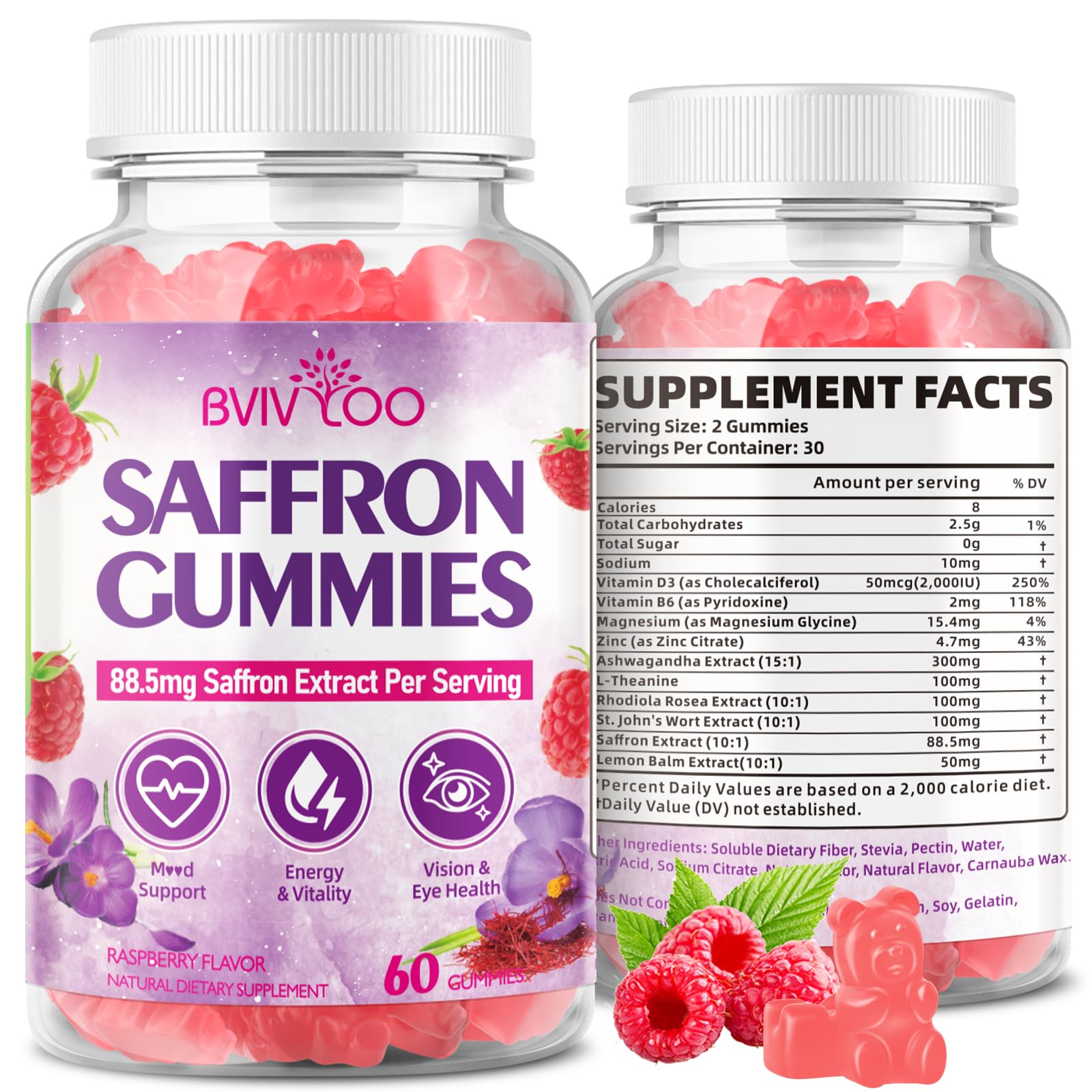 BVIVLOO Saffron Gummies 10-IN-1 Formula with Saffron 88.5mg, Vitamins D3 & B6, Magnesium, Zinc, Ashwagandha, L-Theanine, St. John's Wort, Raspberry Flavor, 60 Count