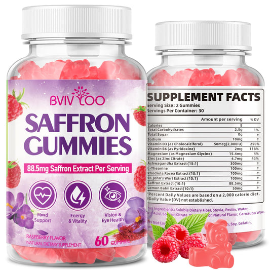 BVIVLOO Saffron Gummies 10-IN-1 Formula with Saffron 88.5mg, Vitamins D3 & B6, Magnesium, Zinc, Ashwagandha, L-Theanine, St. John's Wort, Raspberry Flavor, 60 Count