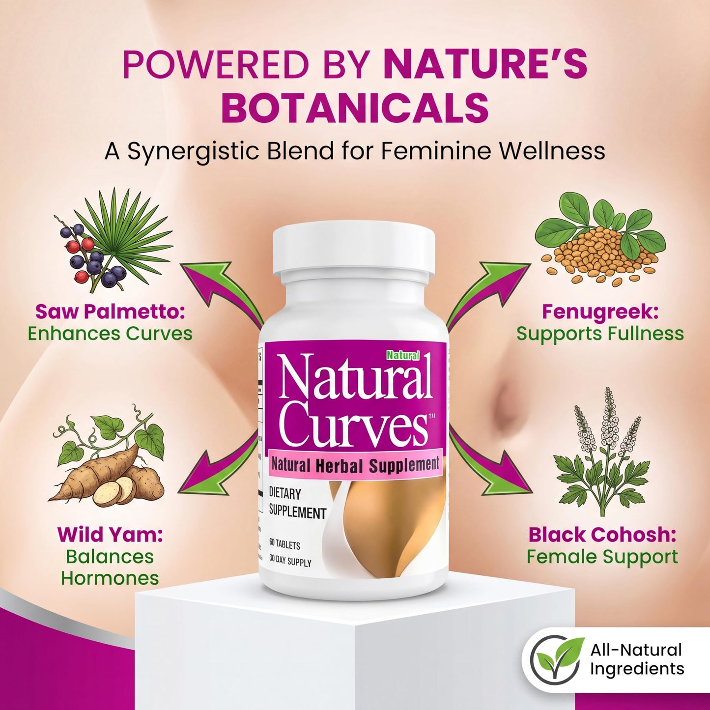 Natural Curves Breast Enhancement Supplement Herbal Bust Enhancer with Saw Palmetto Fenugreek Wild Yam Black Cohosh Vegan Non-GMO 60 Tablets