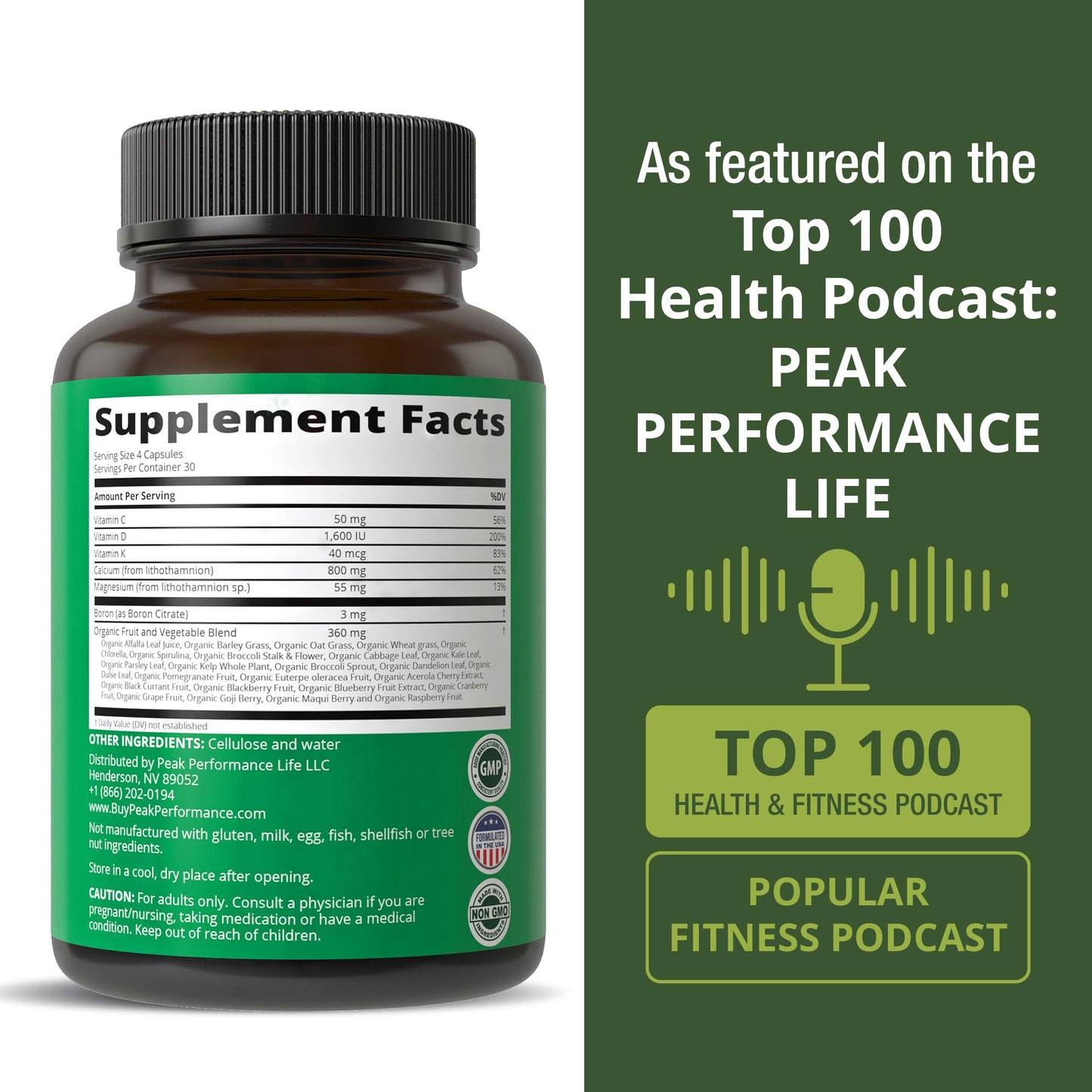 Peak Performance Plant Based Calcium - Red Marine Algae Calcium Supplement with Vitamin C, D3, K, Magnesium, and Whole Food Vegetable Blend, Capsules, 120 Count