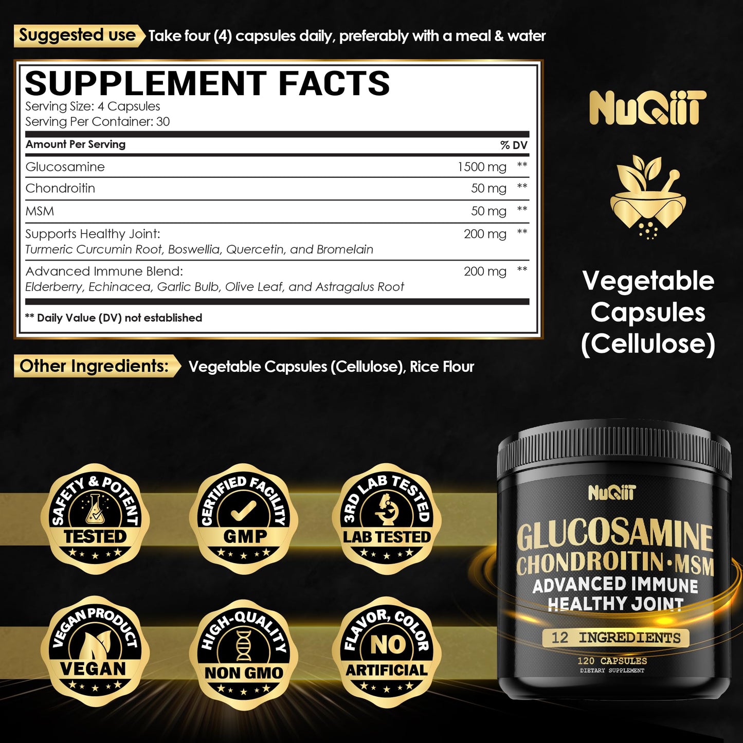 NUQIIT Glucosamine Chondroitin MSM with Immune & Joint Support Supplement 2000mg - Turmeric Curcumin Root, Boswellia, Elderberry, Echinacea & More Capsules 120