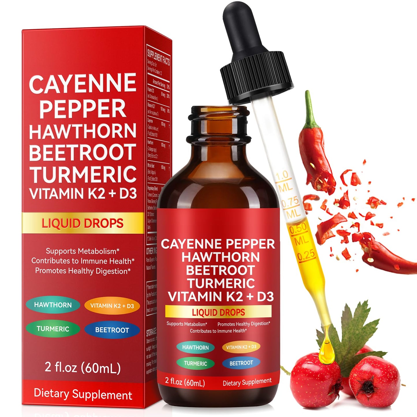 Rulviou Cayenne Pepper Drops+Hawthorn Berry, Vitamin D3 K2 Beet Root Powder, Ceylon Cinnamon, Turmeric Curcumin 120 Capsules
