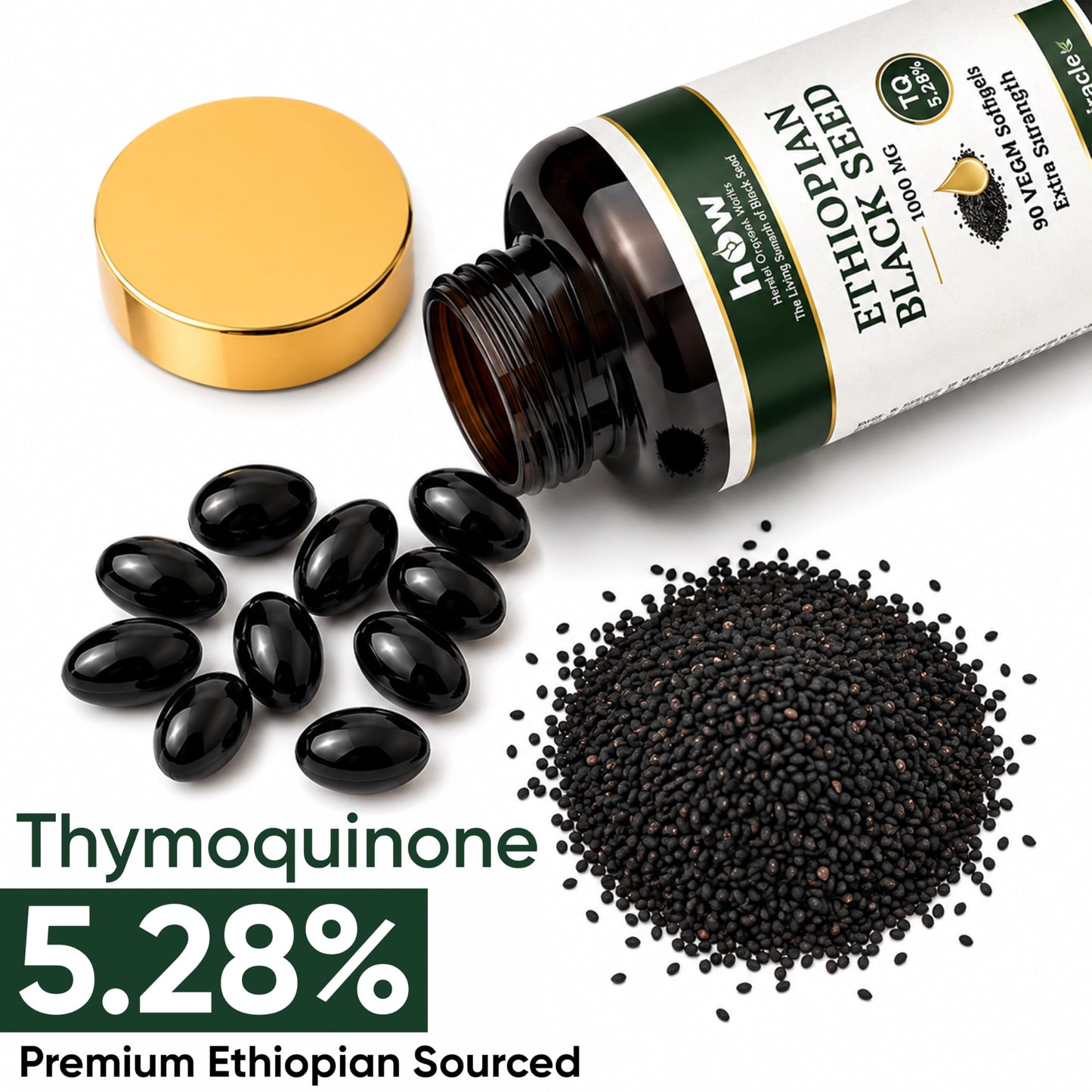Herbal Organic Works Ethiopian Black Seed Oil Softgels 1000mg 5.28% TQ Cold Pressed, 90 Softgels