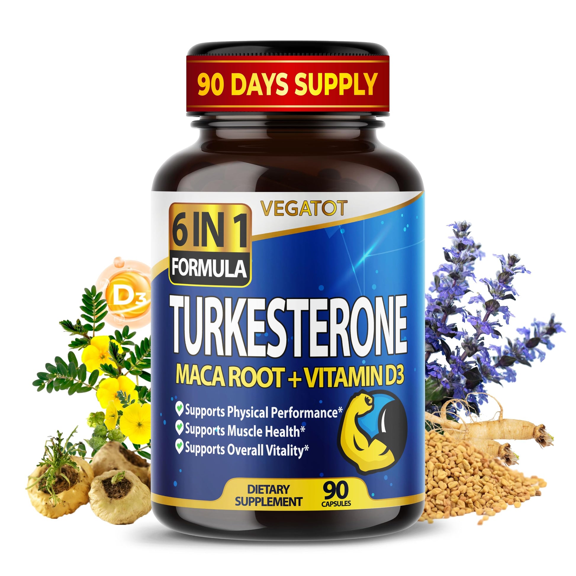 VEGATOT 6 in 1 High Strength Turkesterone Concentrated with Maca Root, Fenugreek & Tribulus Capsules, 90 Count