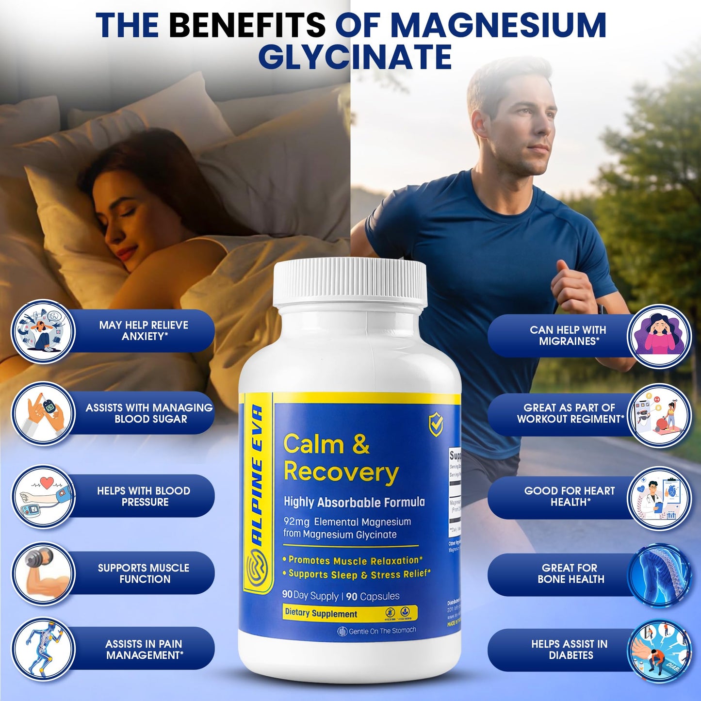 ALPINEEVA Magnesium Glycinate High Absorption Magnesium Supplement Capsule, 90 Count