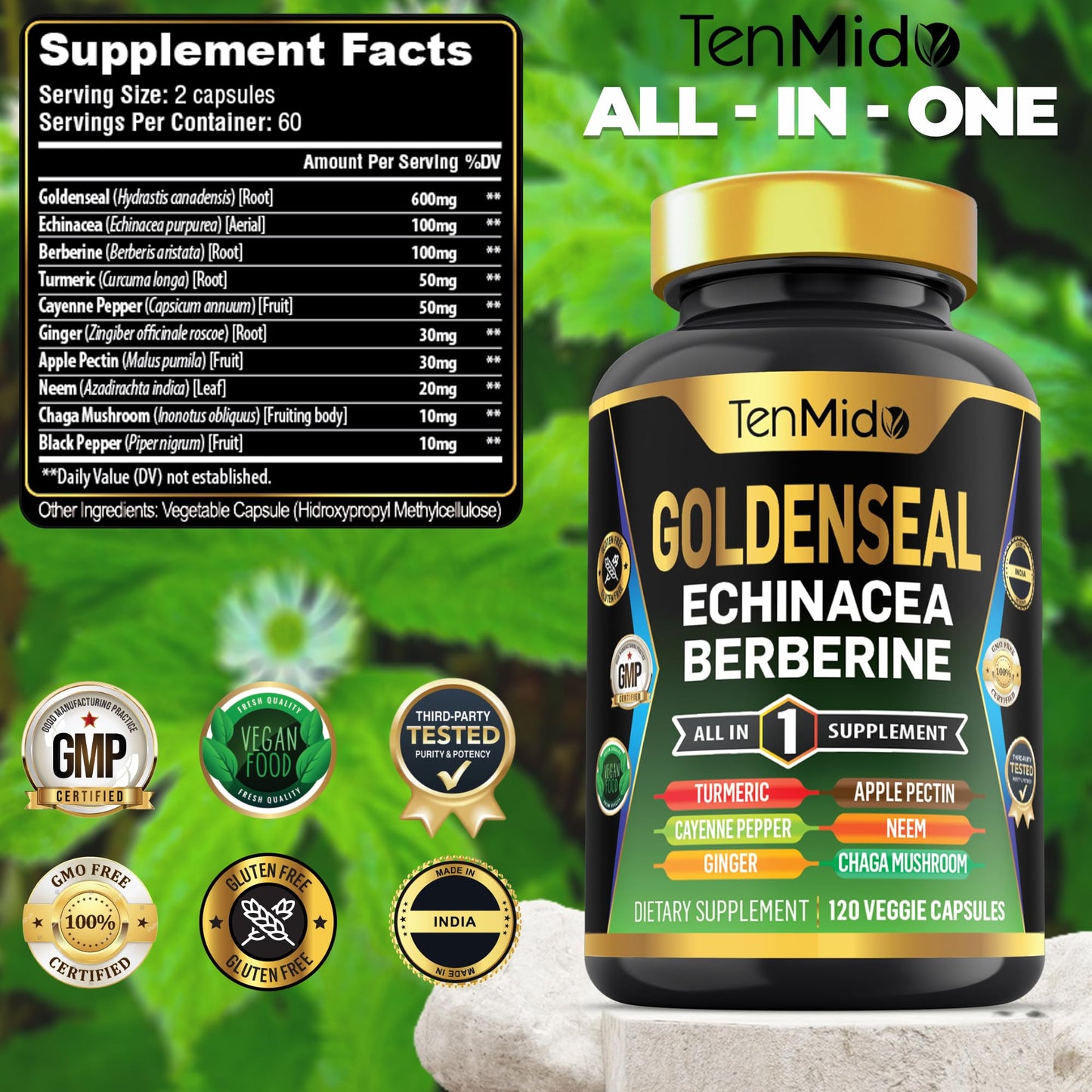 Tenmido Goldenseal Root Supplement 10in1 Formula Capsules 120 Count