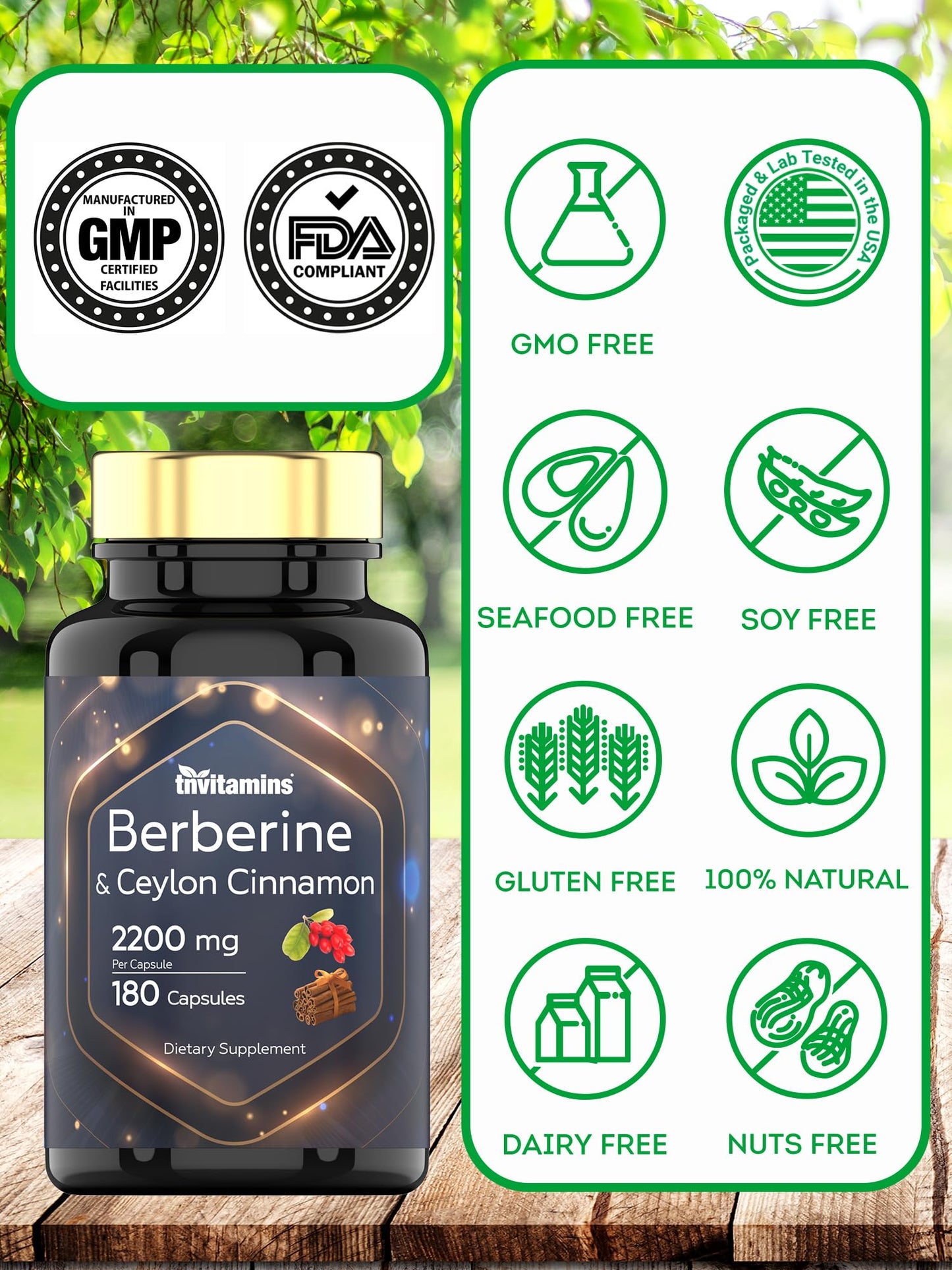 tnvitamins Berberine with Ceylon Cinnamon 2200 mg per Capsule, 180 Capsules