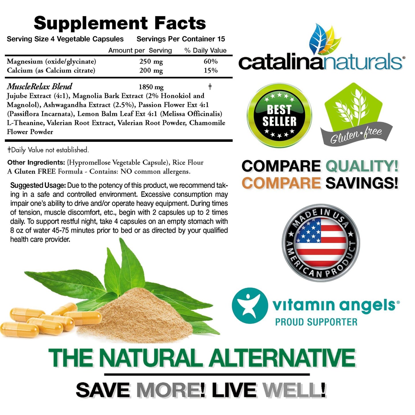 Catalina Naturals The Original Natural Muscle Relaxant AM-PM 24/7 Natural Day/Night Large 2300mg Maximum Strength Plus Magnesium Glycinate Capsule, 60 Count