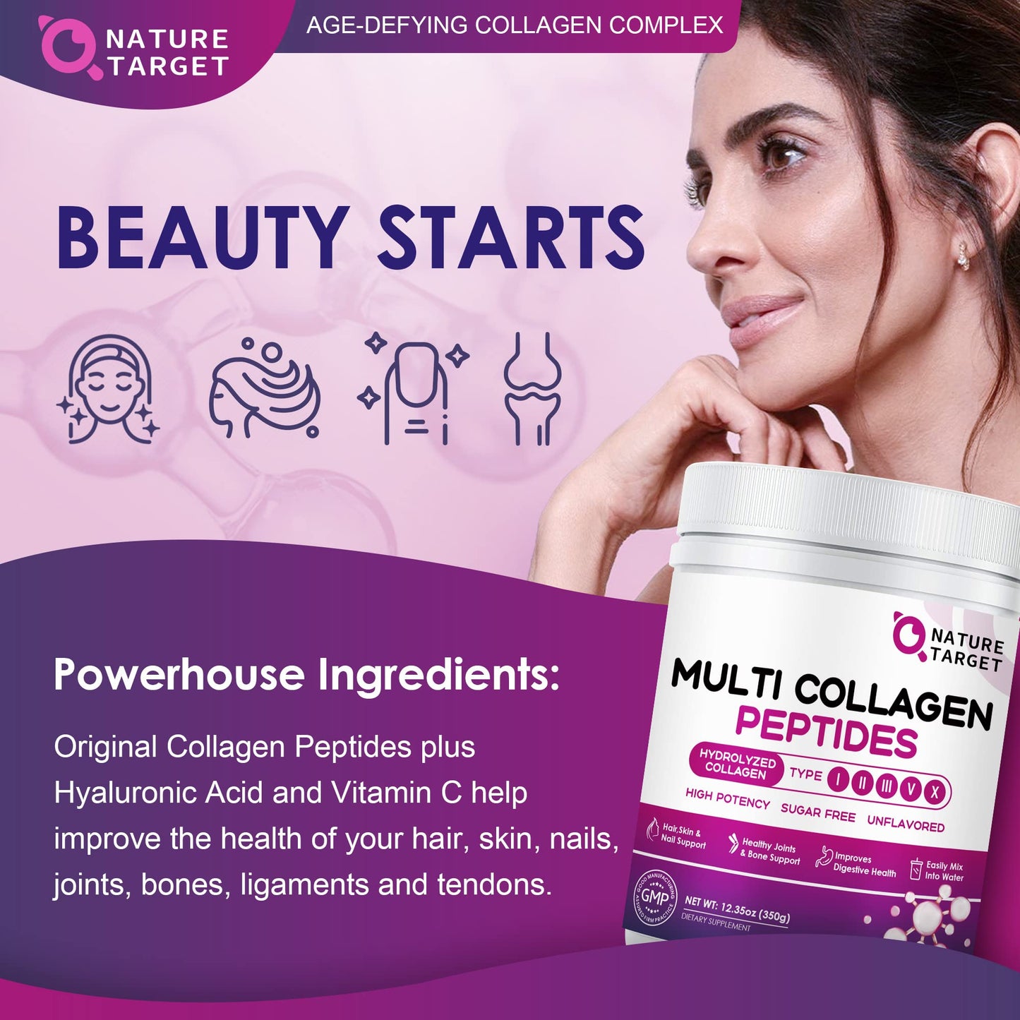 Nature Target Multi Collagen Peptides Powder - Type I, II, III, V, X, 12.35 oz