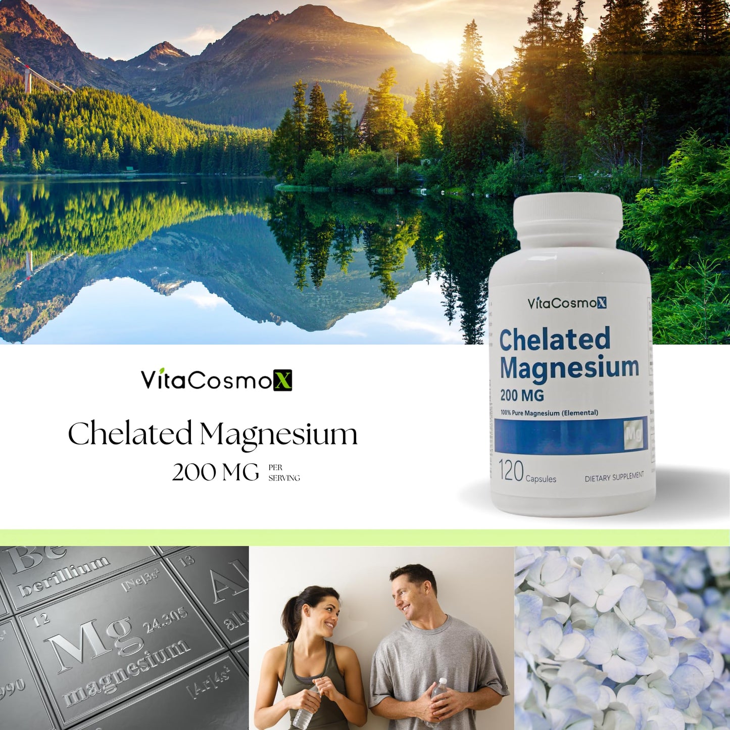 VitaCosmoX Chelated Magnesium Bisglycinate 200mg Capsules, 120 Count