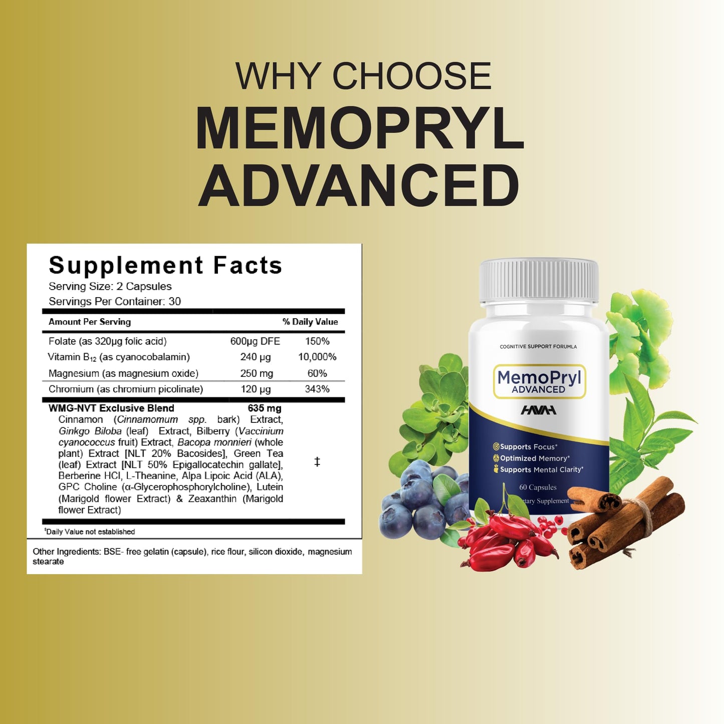Havah Memopryl Premium Memory & Brain Clarity Pills 120 Capsules