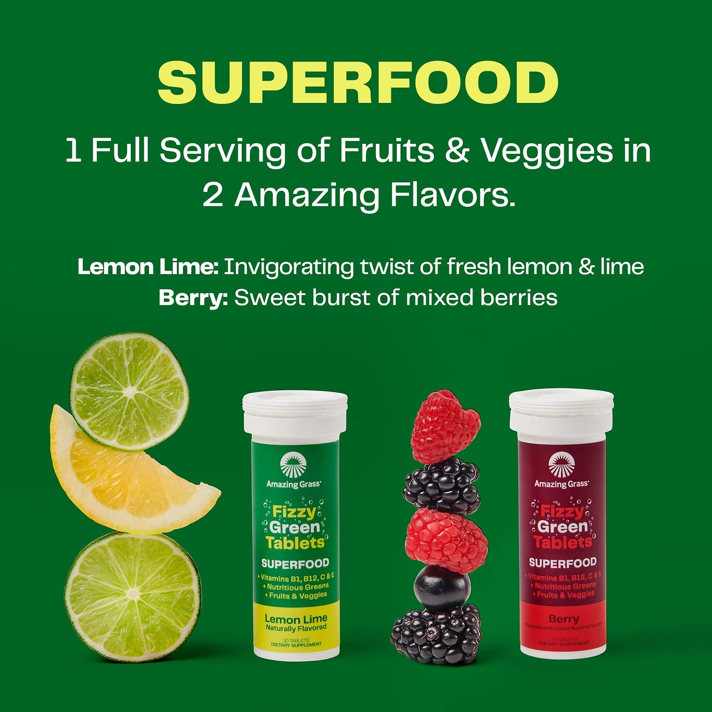 Amazing Grass Fizzy Green Tablets Superfood: Green Superfood Water Flavoring Tablet with Antioxidants & Alkalizing Greens, Lemon Lime, 30 Tablets