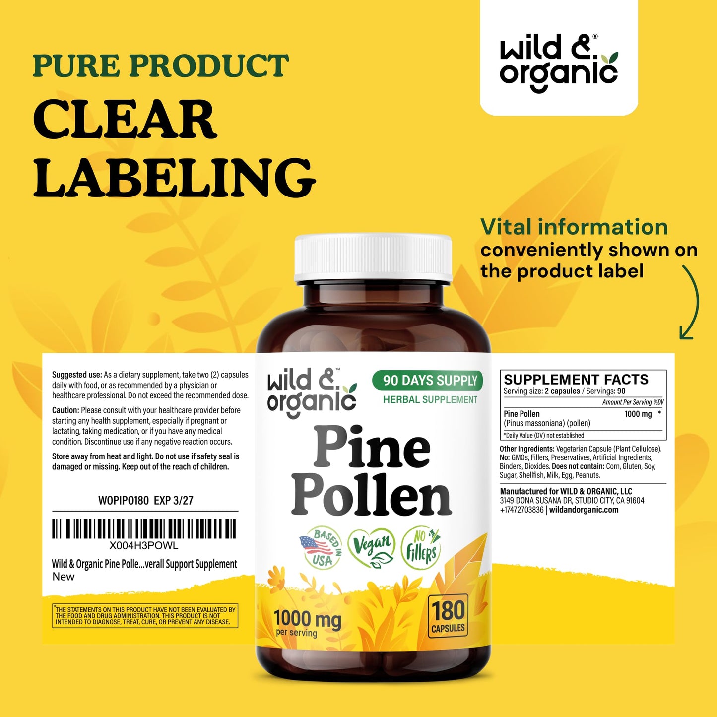 Wild & Organic Pine Pollen for Men Capsules, 180 Capsules