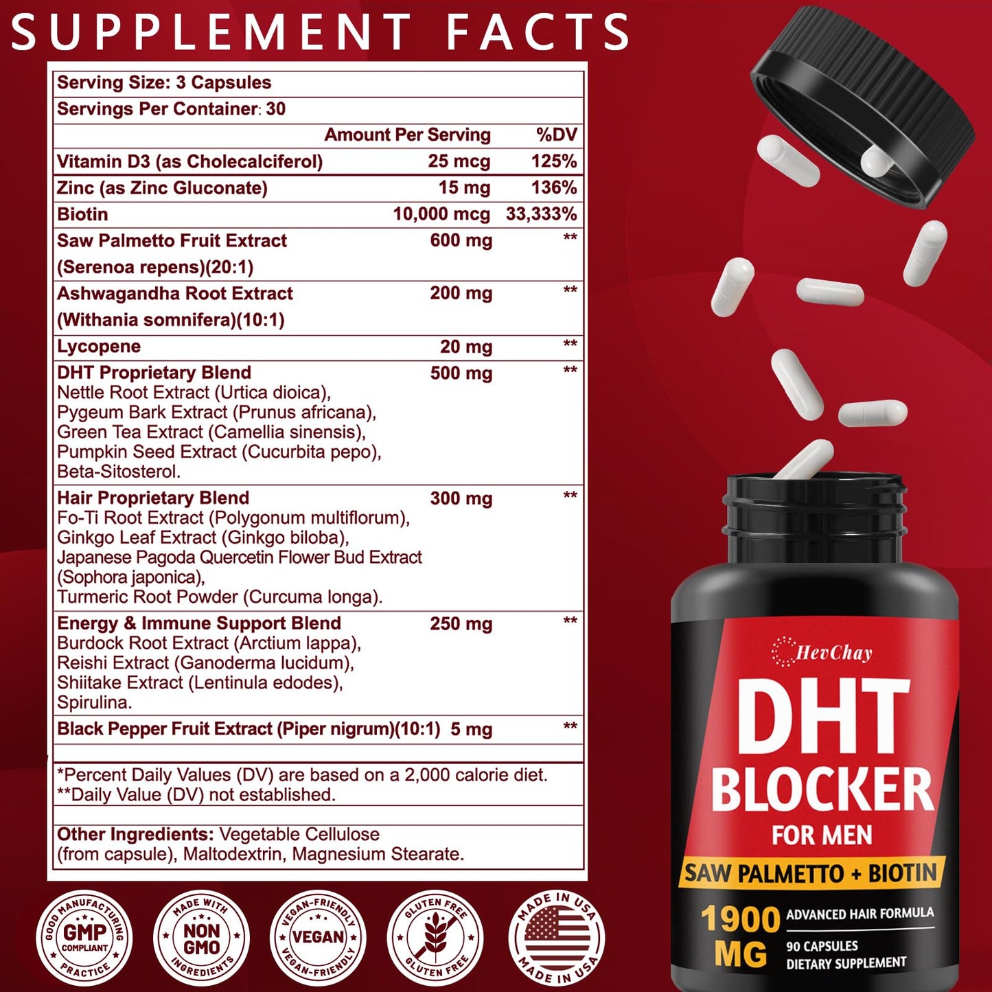 HevChay DHT Blocker for Men with Saw Palmetto & Biotin 10000mcg Capsules 90 Count
