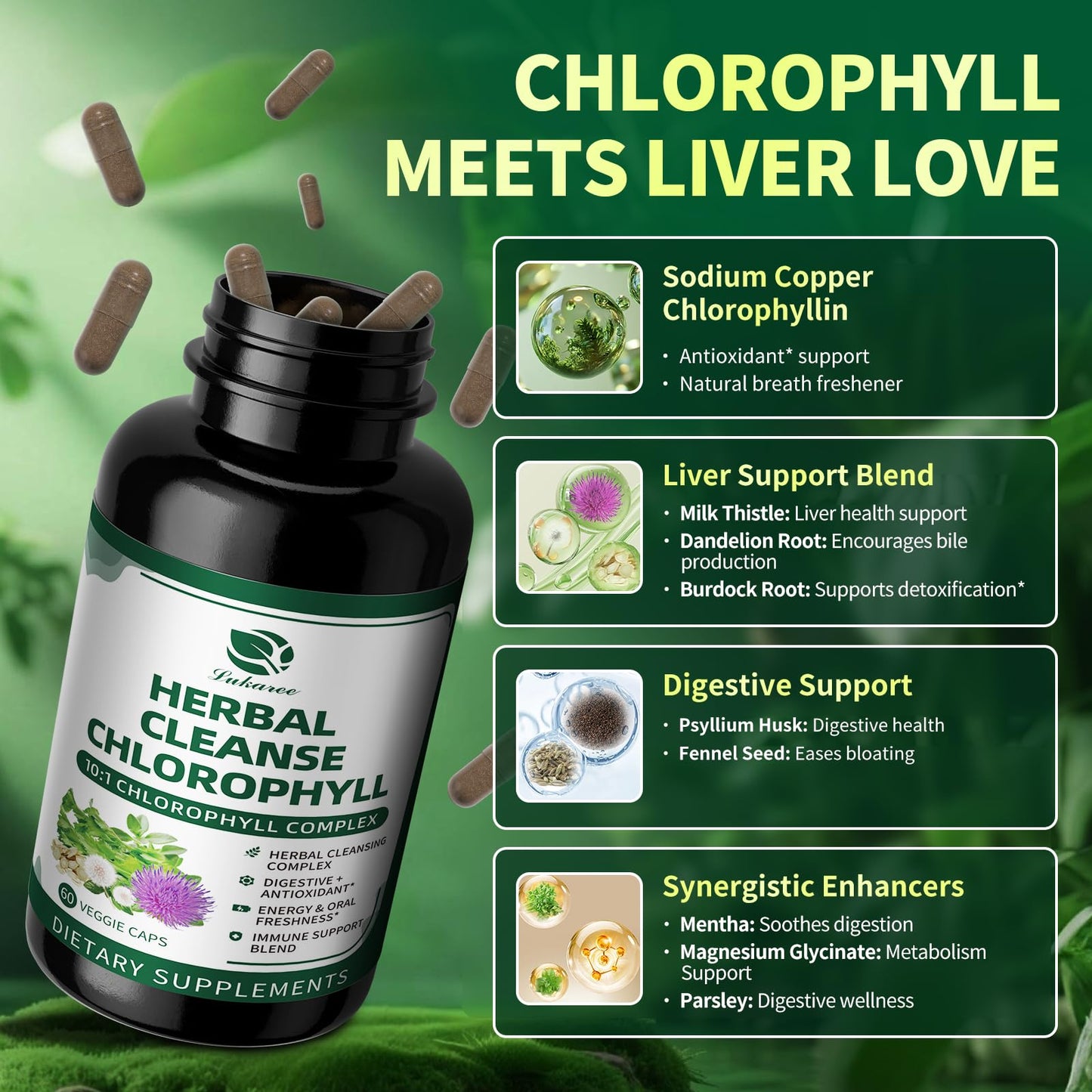 Lukaree Chlorophyll Herbal Complex Capsules, 60 Count