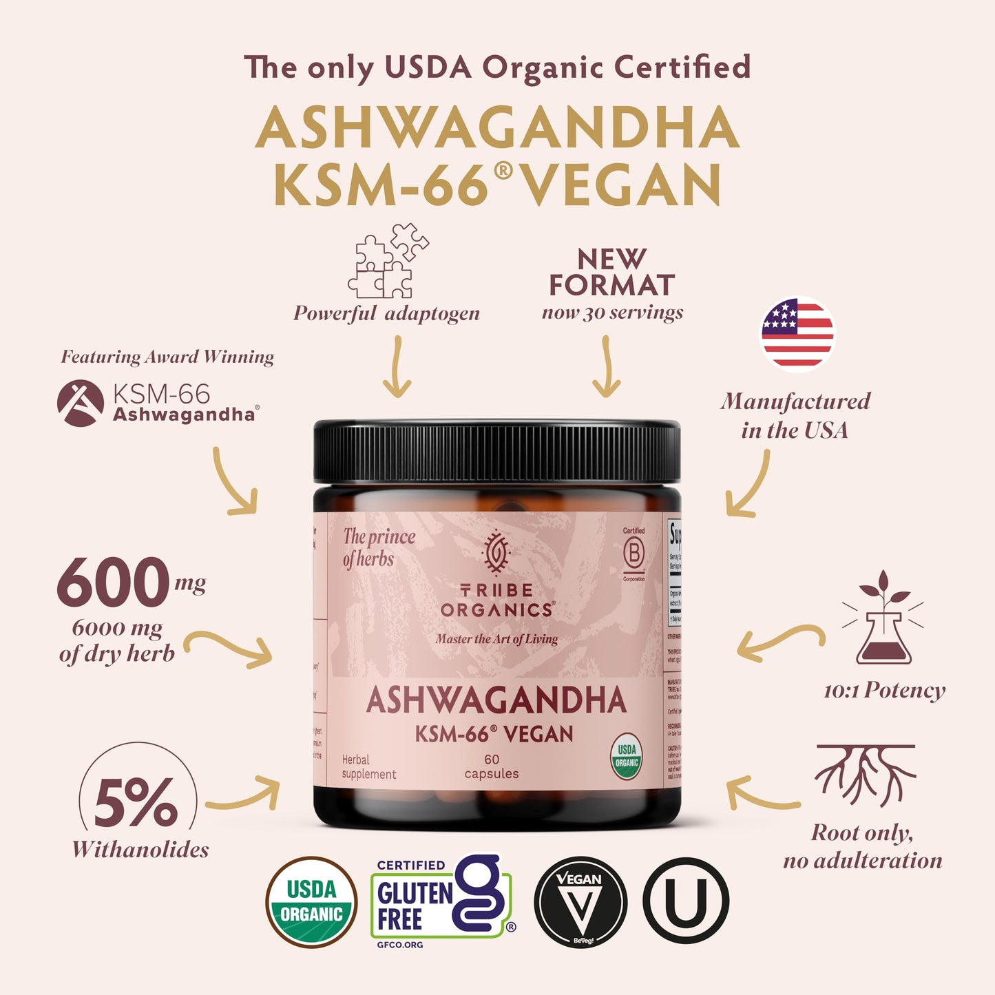 TRIBE ORGANICS Vegan Ashwagandha KSM-66 Root Powder Extract Capsule, 60 Count