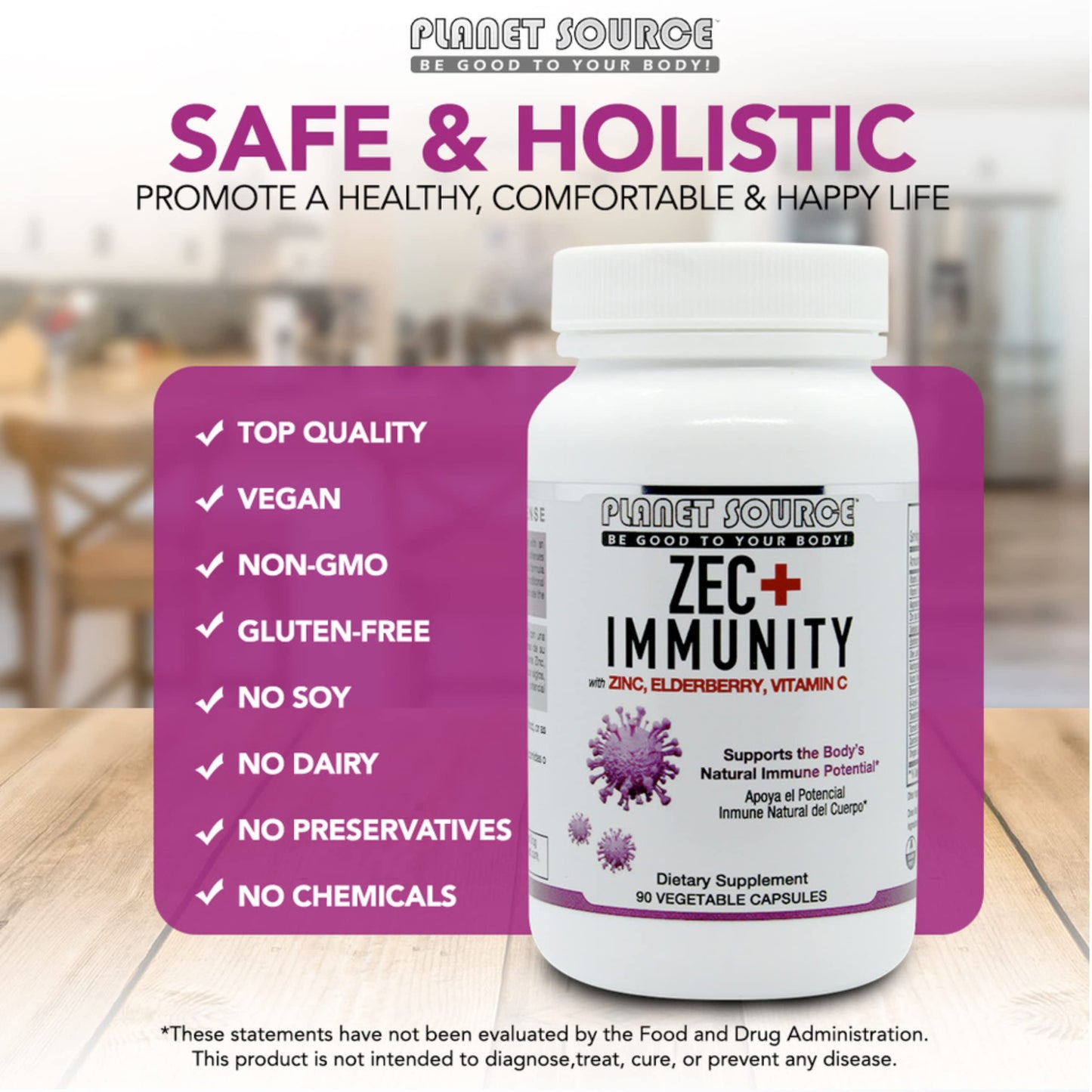 Planet Source ZEC+ Immunity Adult Vitamins with Zinc, Elderberry, and Vitamin C - Natural Elderberry Immune Support Veggie Capsules, 90 Count