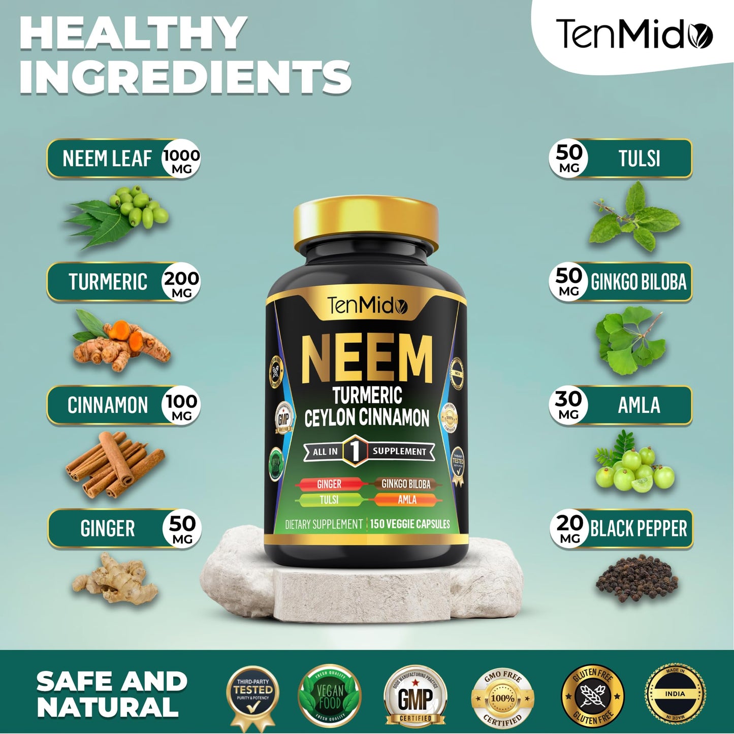 Tenmido Neem Leaf Supplement Capsule 150 Count