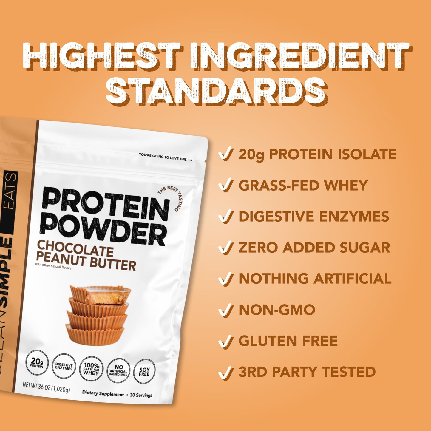 Clean Simple Eats Whey Protein Powder Chocolate Peanut Butter 30 Servings