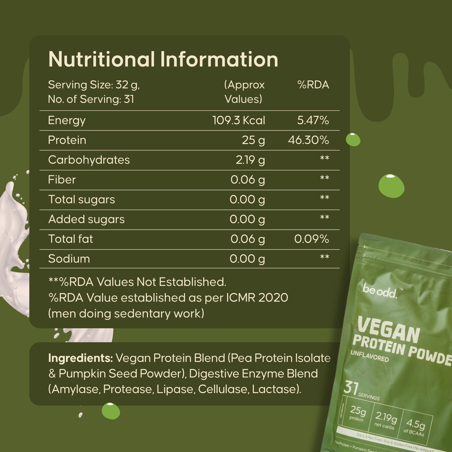BE ODD Vegan Protein Powder Unflavored, 35 Servings