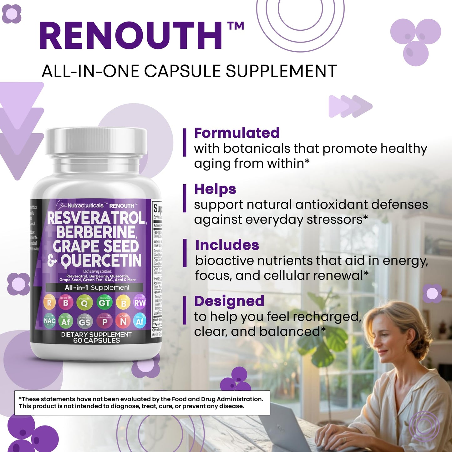 Clean Nutraceuticals Resveratrol Berberine Grape Seed Extract Quercetin Green Tea Extract Polyphenol Supplement N-Acetyl Cysteine Acai, 60 Capsules