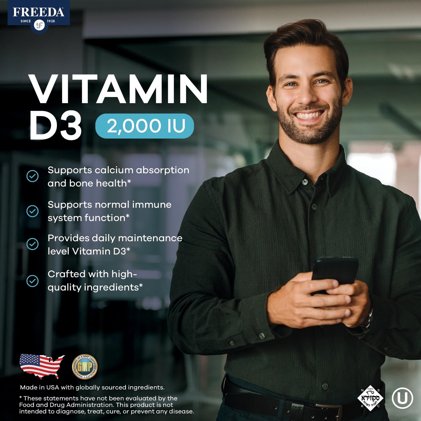 FREEDA Vitamin D3-2000 IU High-Potency Vitamin D for Bone Strength & Immune Support Tablets 100 Count