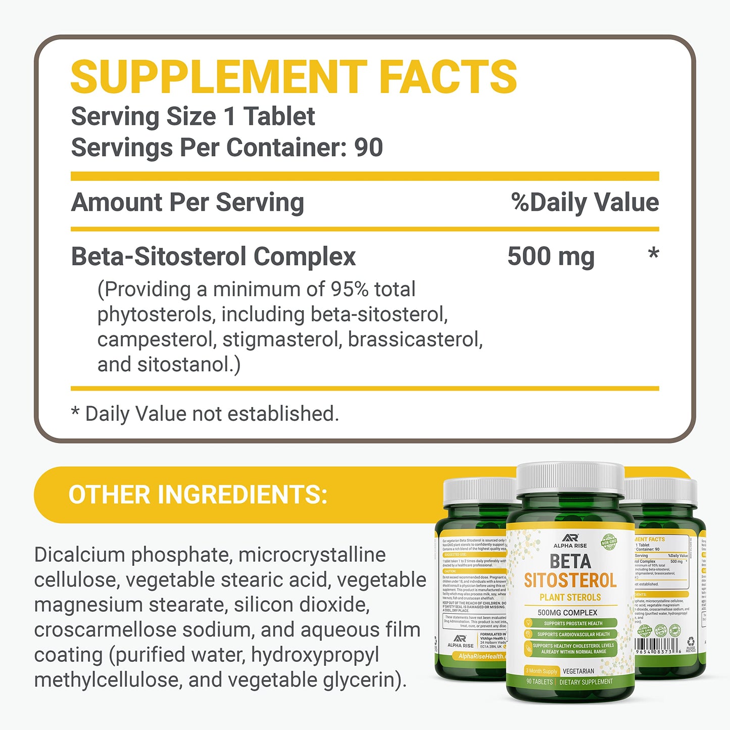 ALPHA RISE Beta Sitosterol 500mg Tablets, 90 Count