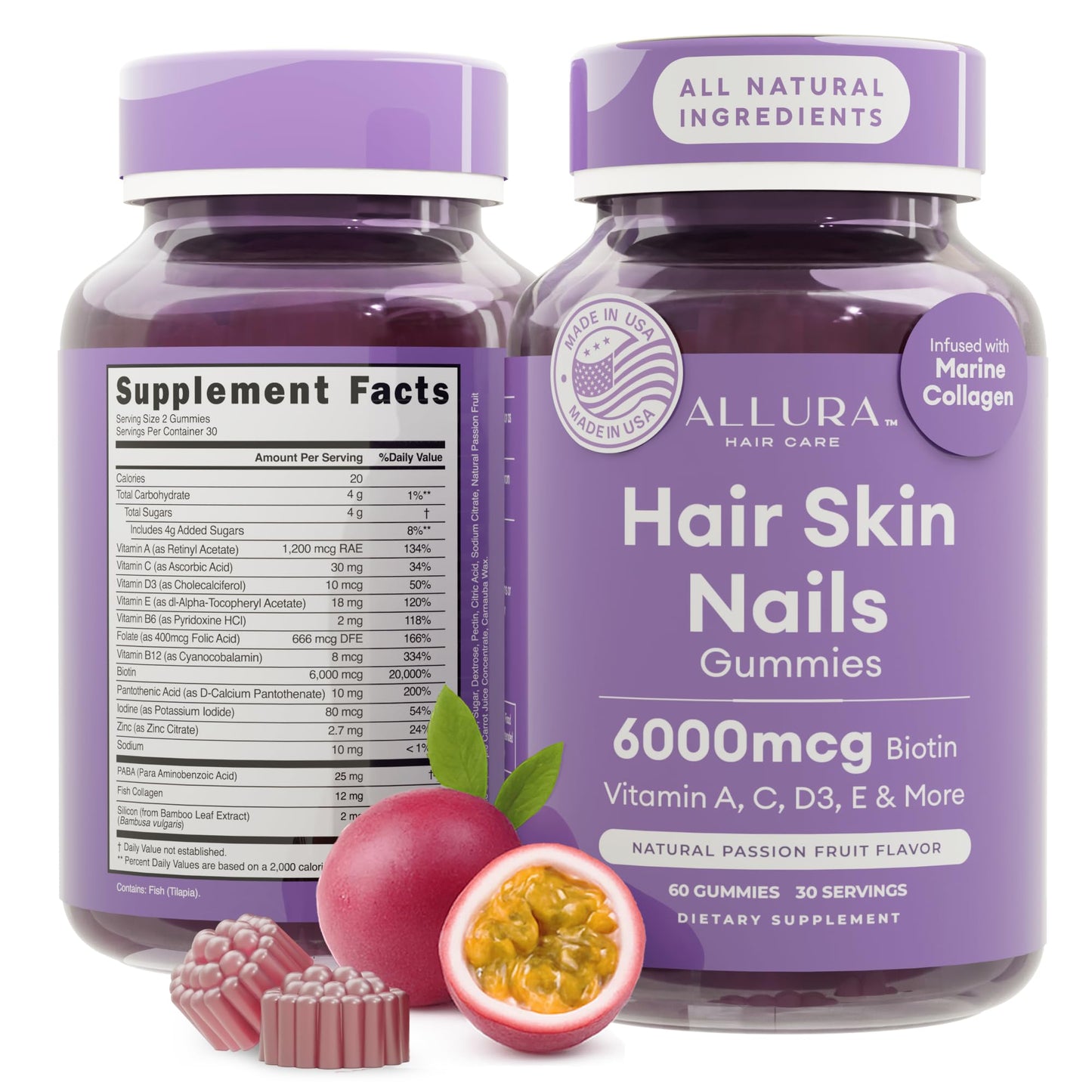 ALLURA HAIR Hair Skin and Nails Vitamins for Women – Extra Strength 6000mcg Biotin Hair Gummies with Marine Collagen, Vitamin E, A, C & PABA for Hair Growth, Healthy Skin & Nails, Passion Fruit, 60 Gummies