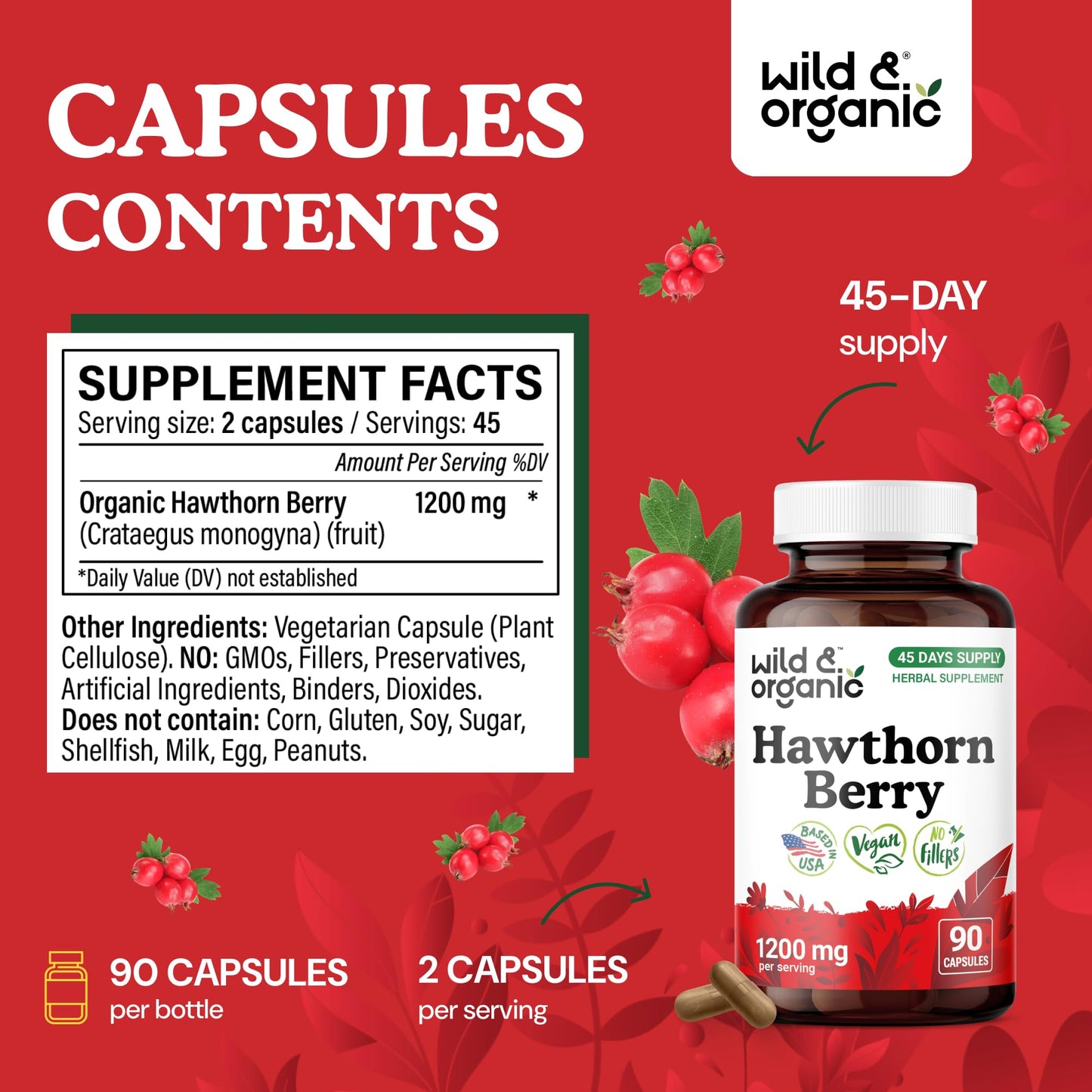 Wild & Organic Hawthorn Berry Capsules 1200mg, 90 Count