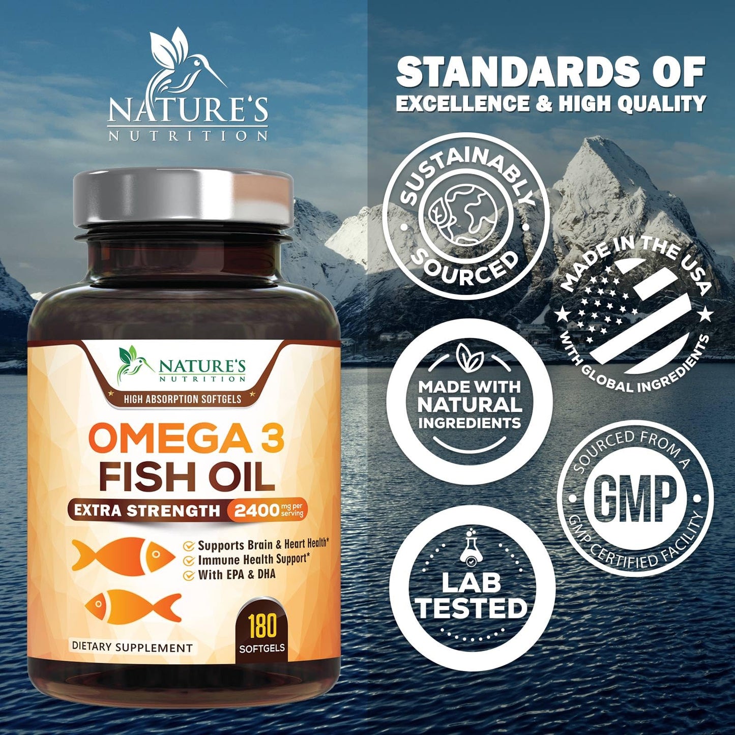 Nature's Nutrition Omega 3 Fish Oil Supplements Softgels 180 Count