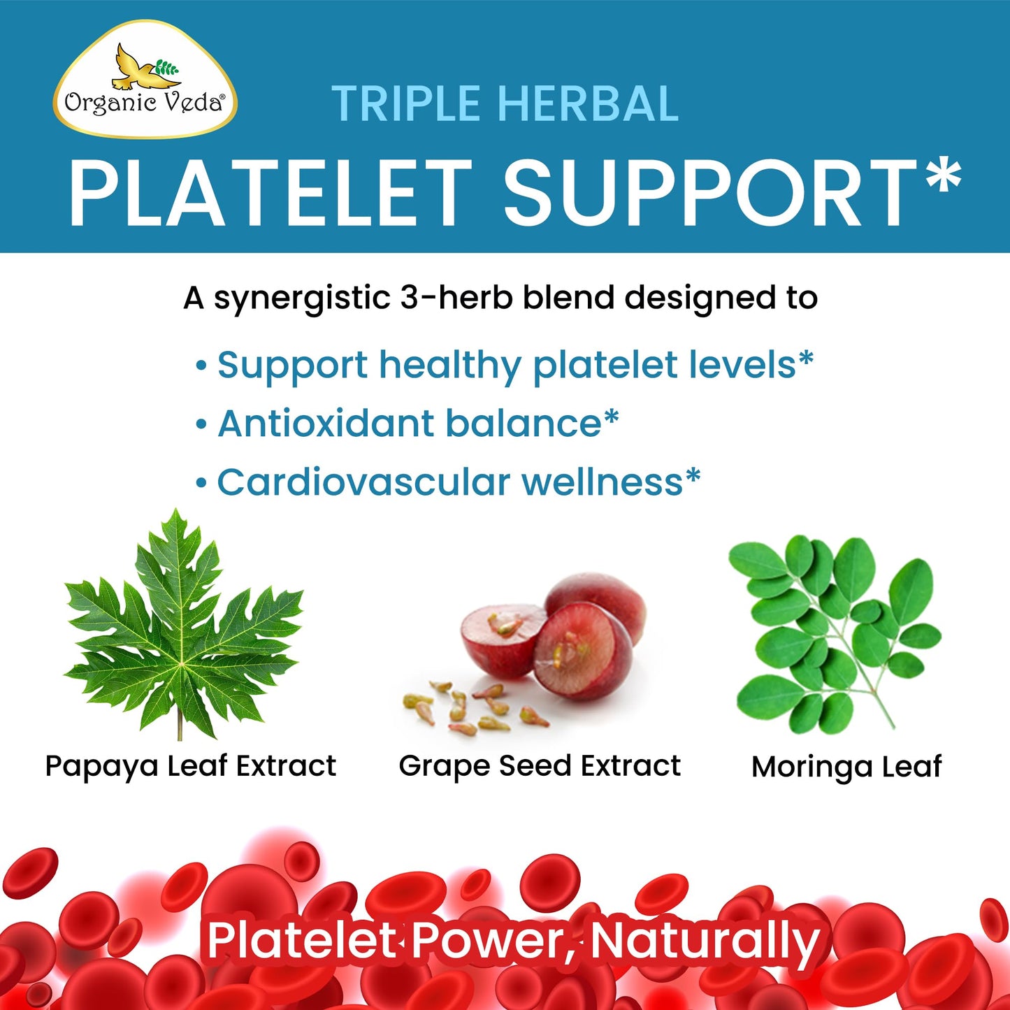 Organic Veda Papaya Leaf + Supplement - 8 in 1 Immune & Platelet Complex with Papain, Papaya Leaf Extract 800 mg, Bromelain, Vitamin C, Grape Seed & Moringa for Bone Marrow & Gut Health, 60 Capsules