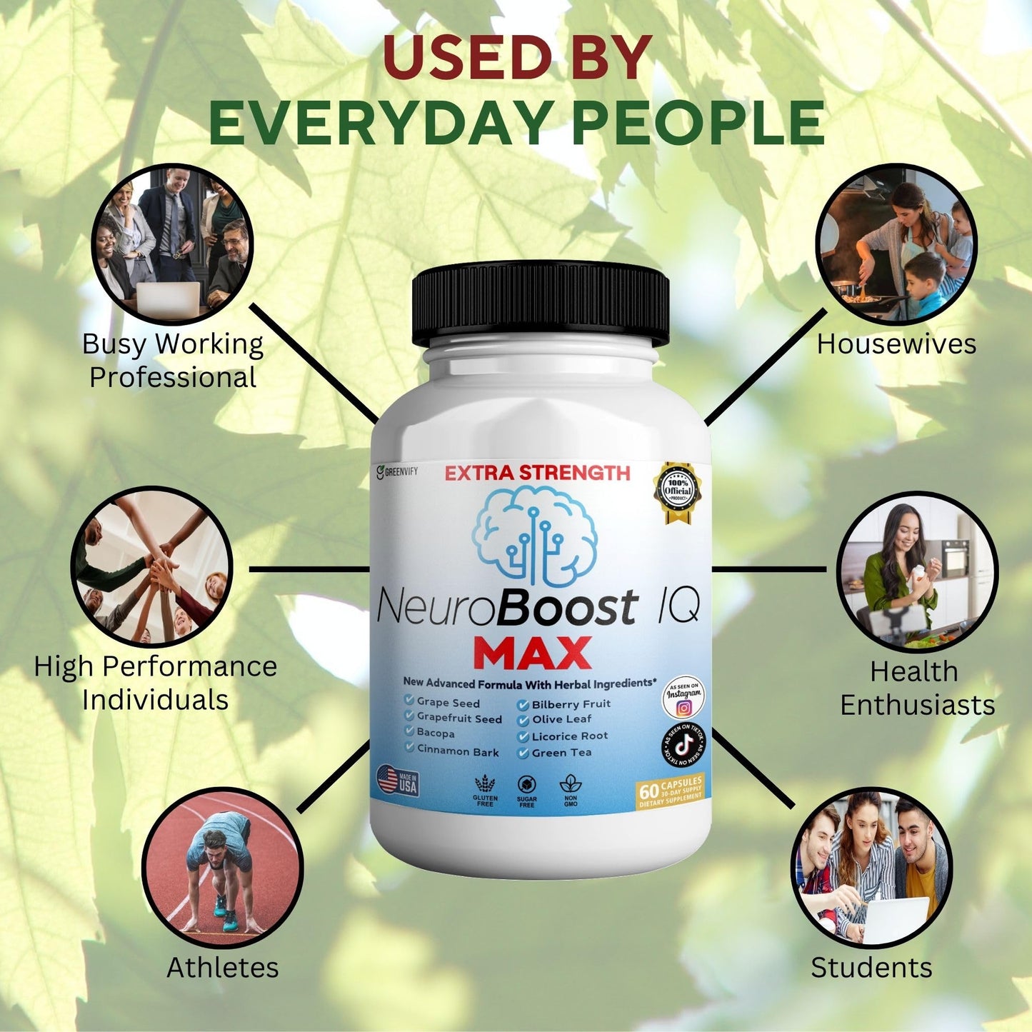 GREENVIFY NeuroBoost IQ MAX Extra Strength Brain Support Supplement Nootropic for Focus and Memory Capsules 60 Count