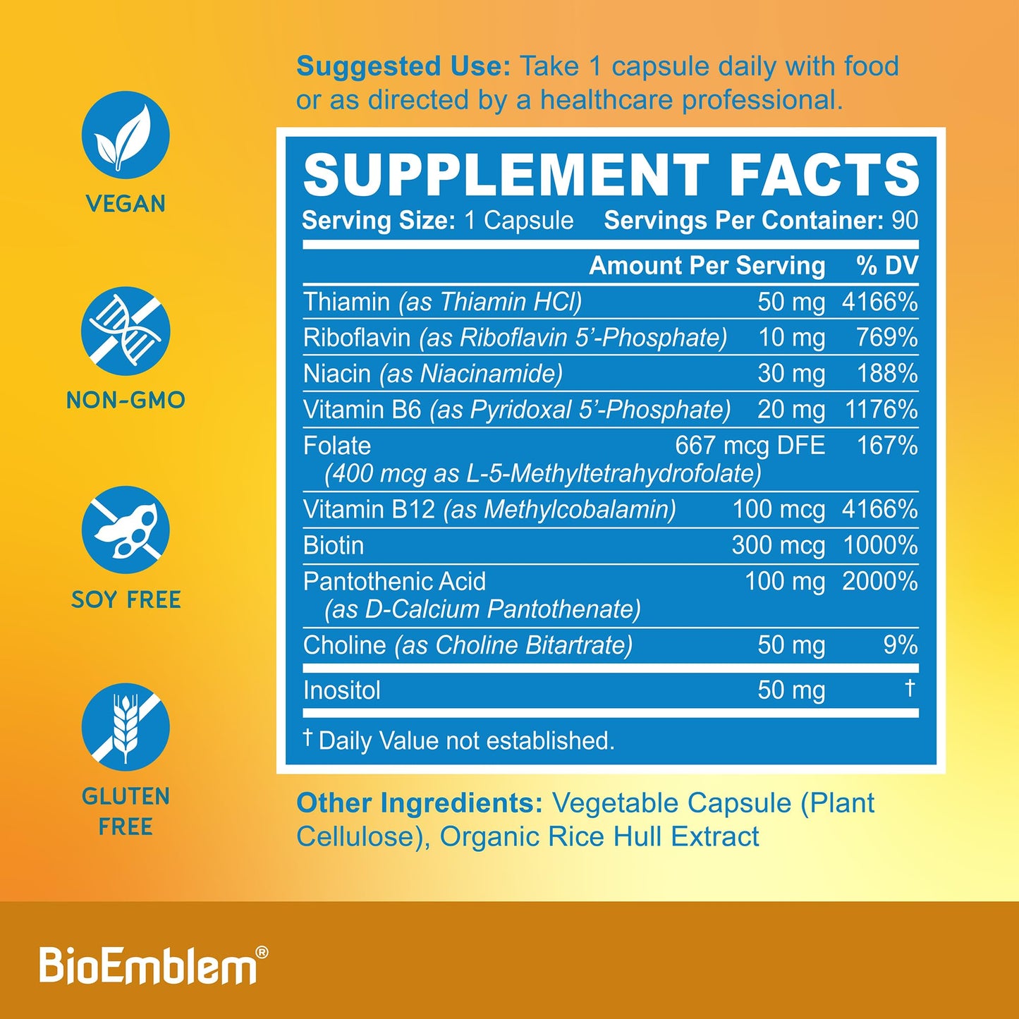 BioEmblem Vitamin B-Complex, 8 Active Forms Including Methyl, 90 Capsules